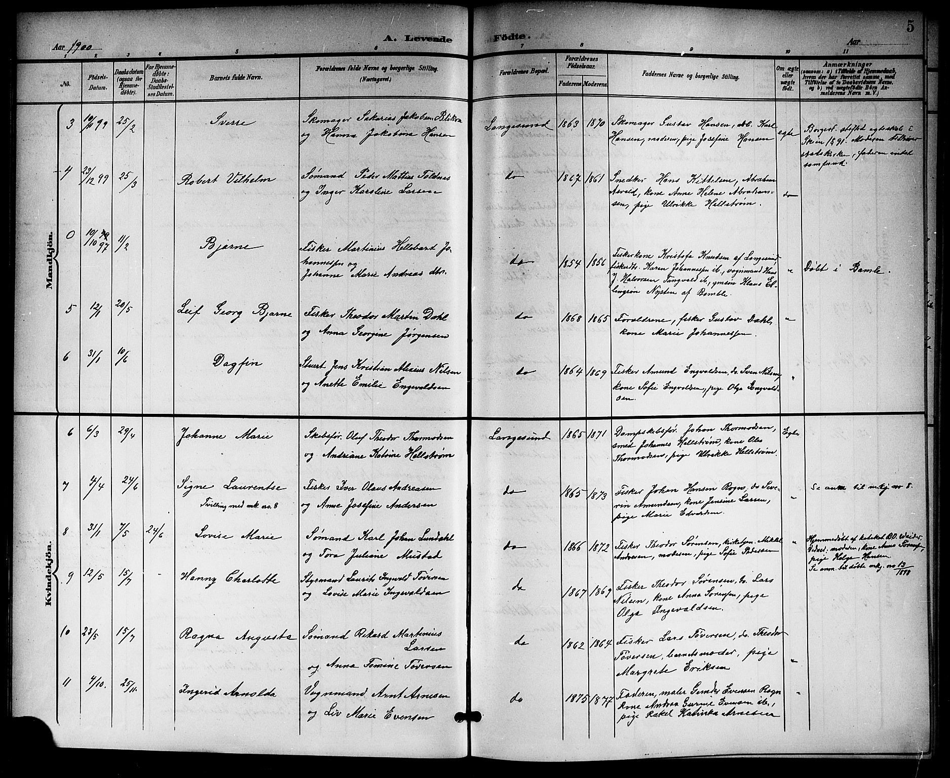 Langesund kirkebøker, SAKO/A-280/G/Ga/L0006: Parish register (copy) no. 6, 1899-1918, p. 5