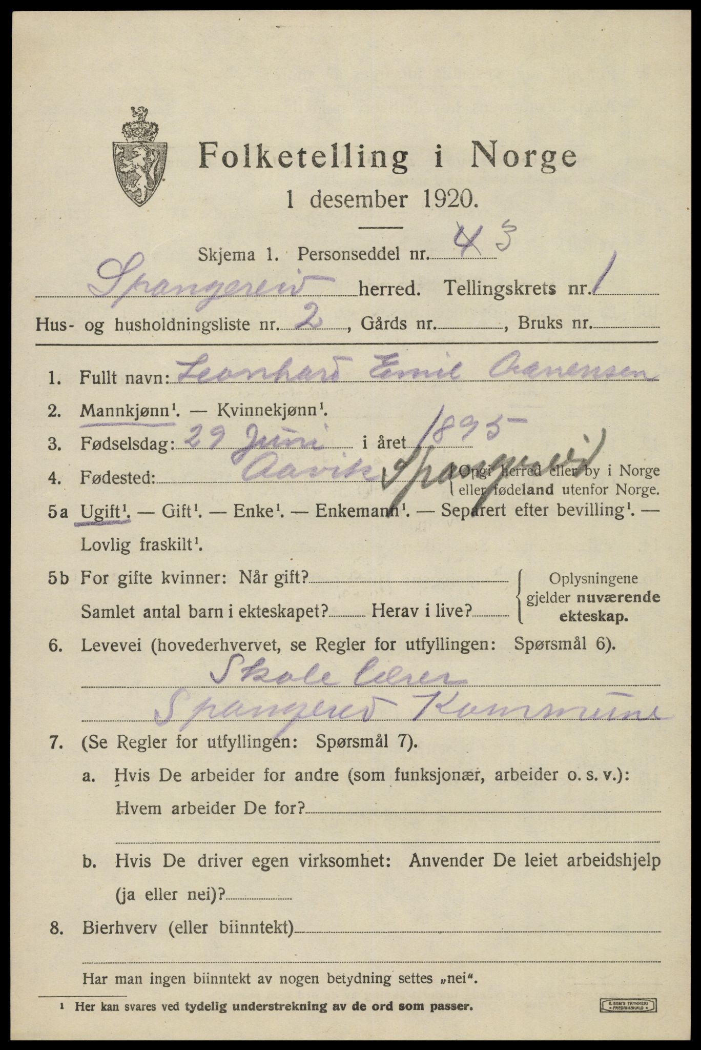 SAK, 1920 census for Spangereid, 1920, p. 839