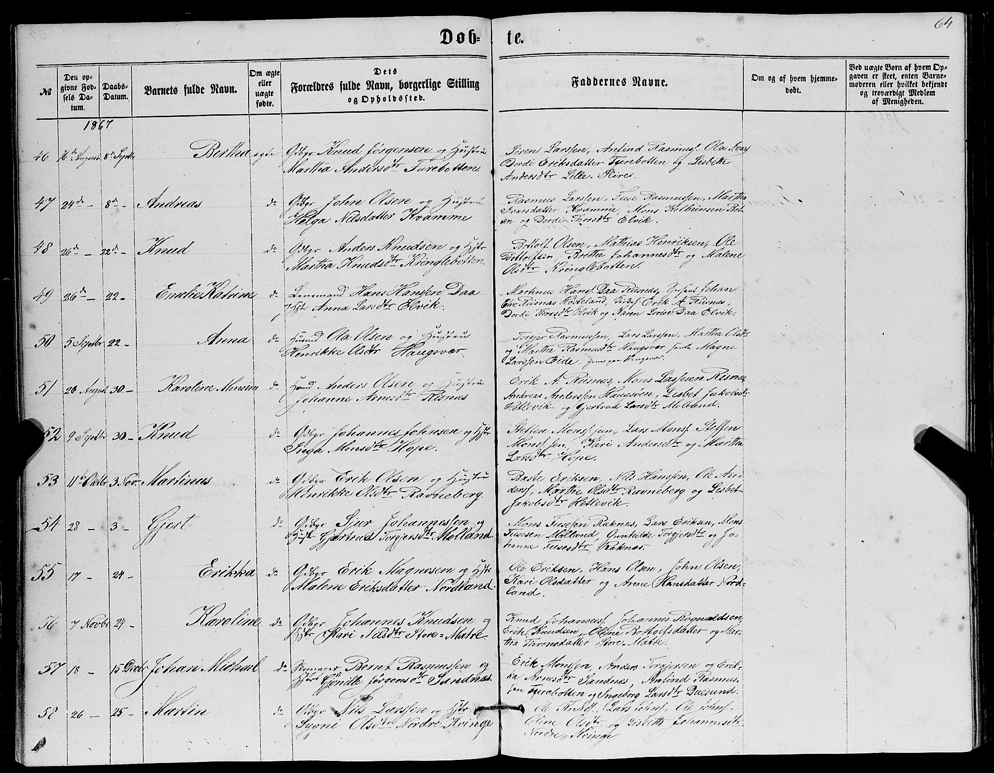 Masfjorden sokneprestembete, AV/SAB-A-77001: Parish register (copy) no. A 1, 1851-1875, p. 64