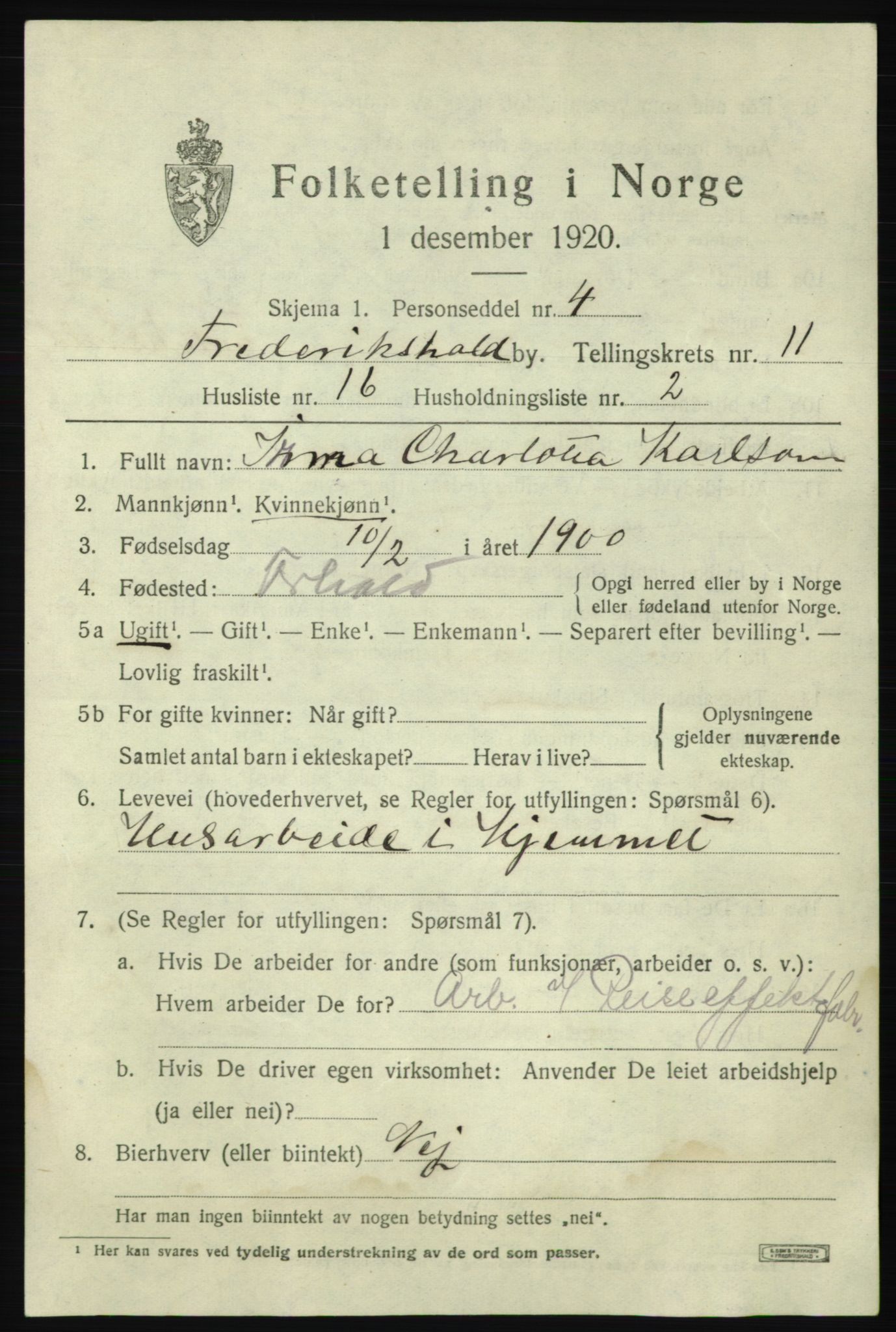 SAO, 1920 census for Fredrikshald, 1920, p. 19149