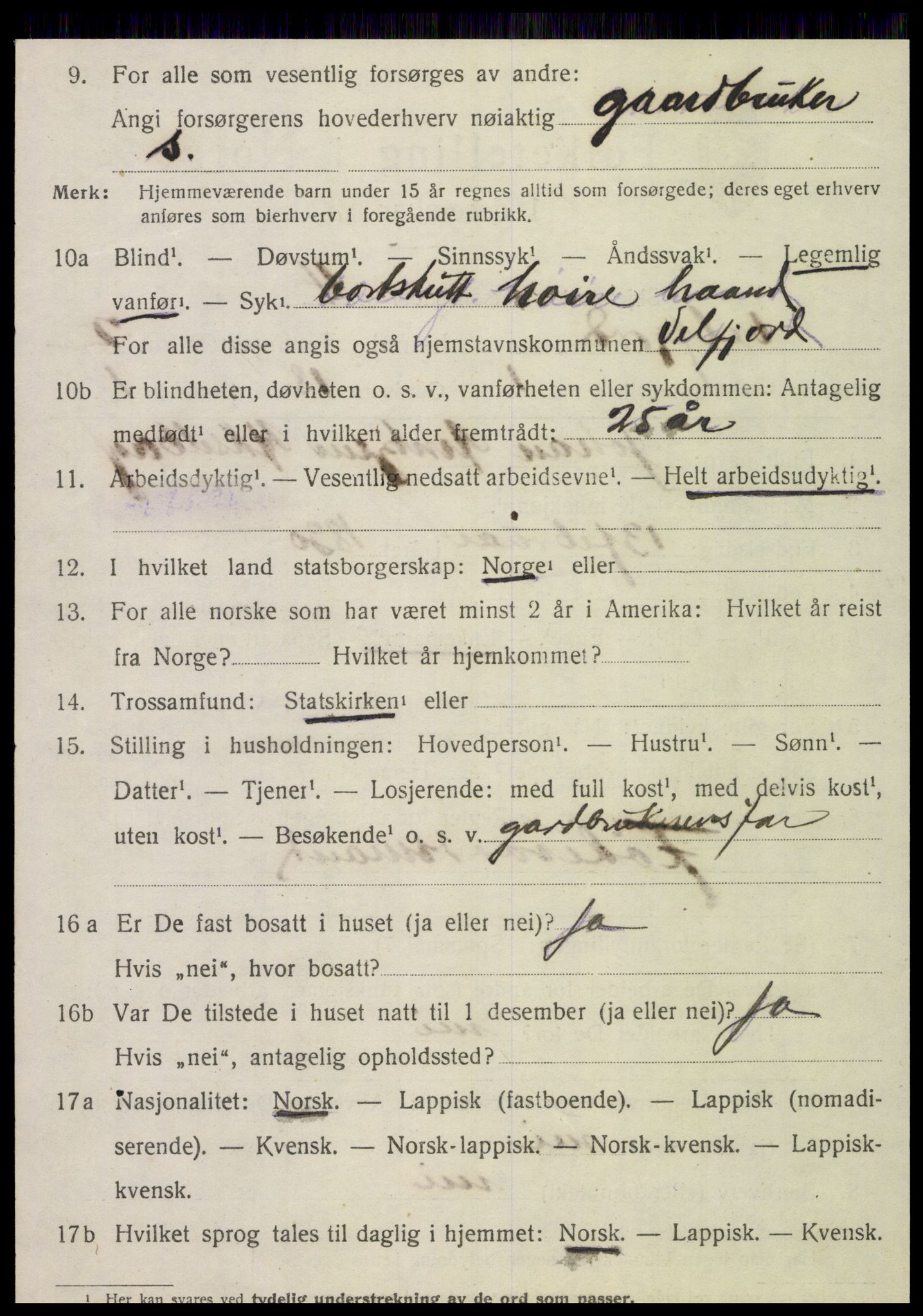 SAT, 1920 census for Velfjord, 1920, p. 1216