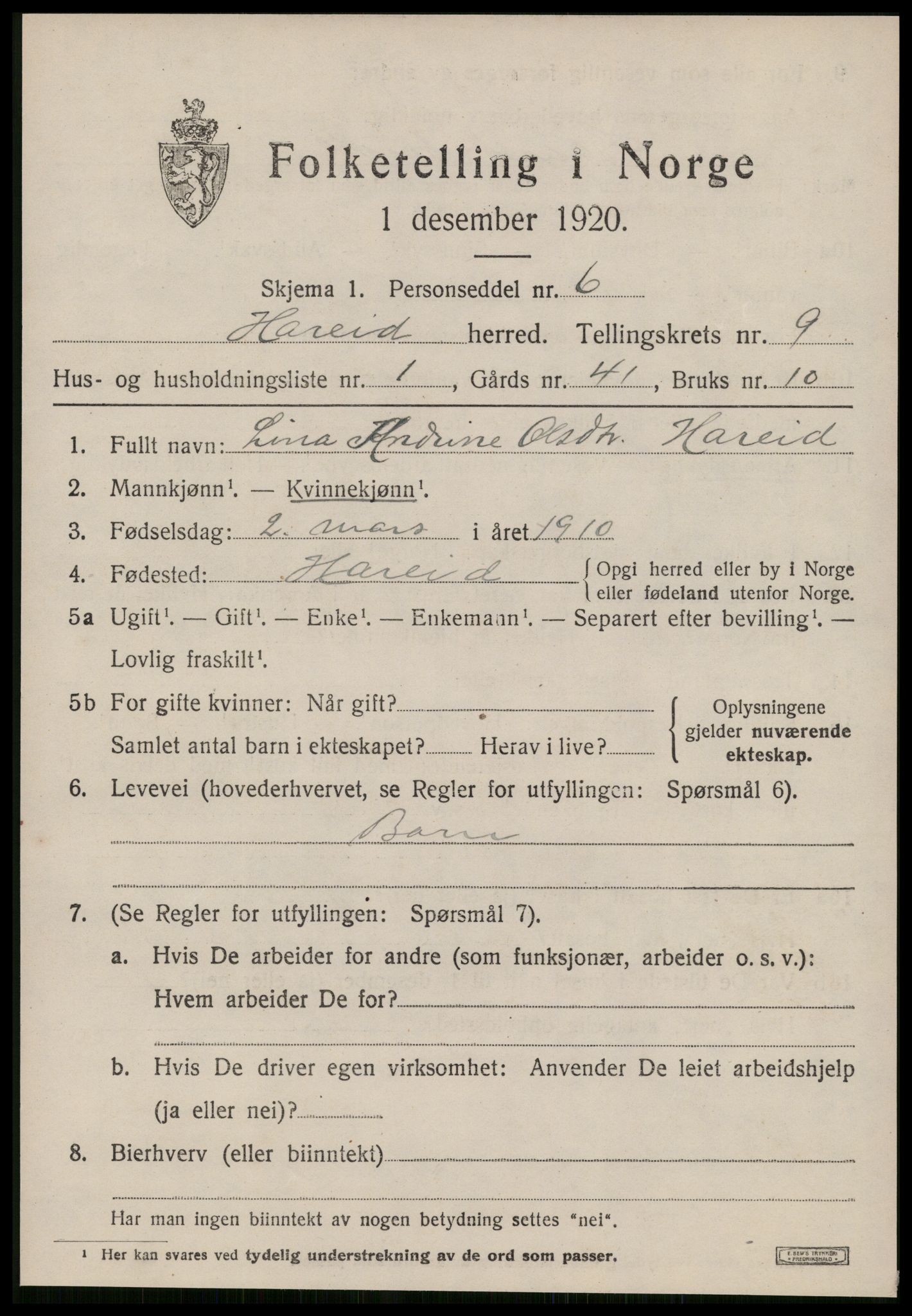 SAT, 1920 census for Hareid, 1920, p. 3169