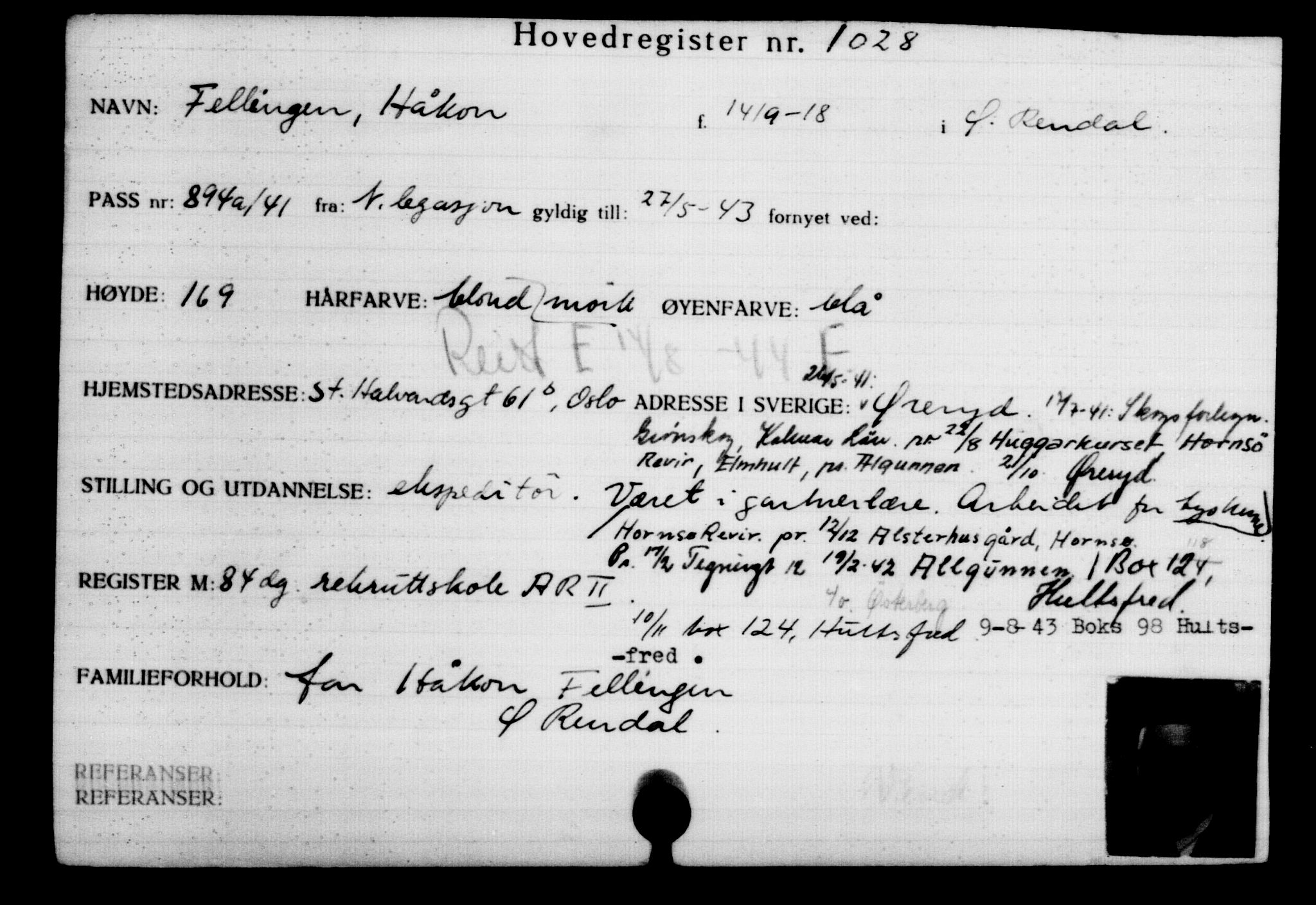 Utenriksstasjonene, Legasjonen i Stockholm, Flyktningkontoret, AV/RA-S-6753/V/Va/L0002: Kjesäterkartoteket, flyktninger med registreringsnr. 1001-2000, 1940-1945, p. 46