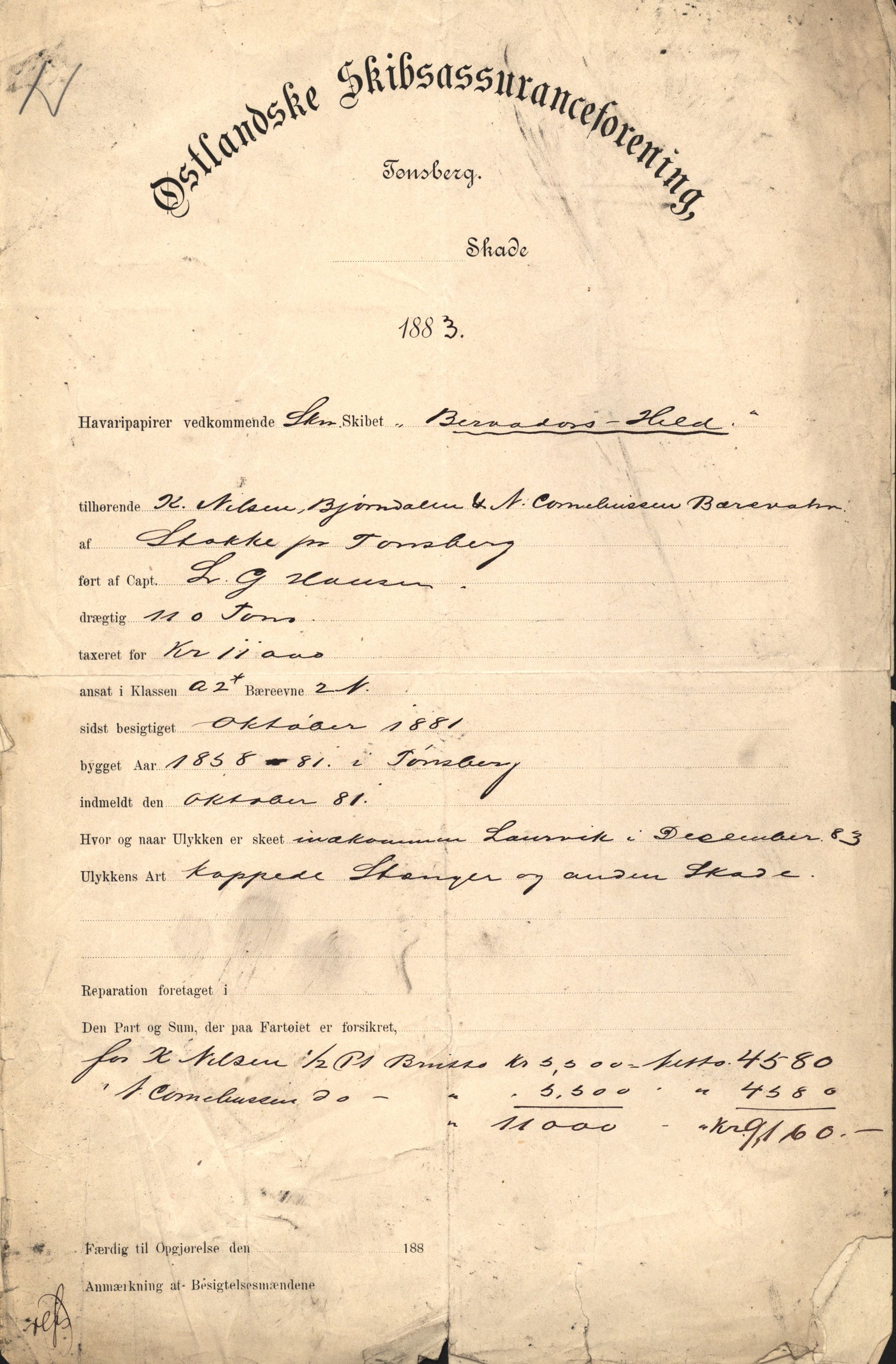 Pa 63 - Østlandske skibsassuranceforening, VEMU/A-1079/G/Ga/L0016/0003: Havaridokumenter / Triton, Bervadors Held, Anastasia, Amicitia, 1883, p. 58