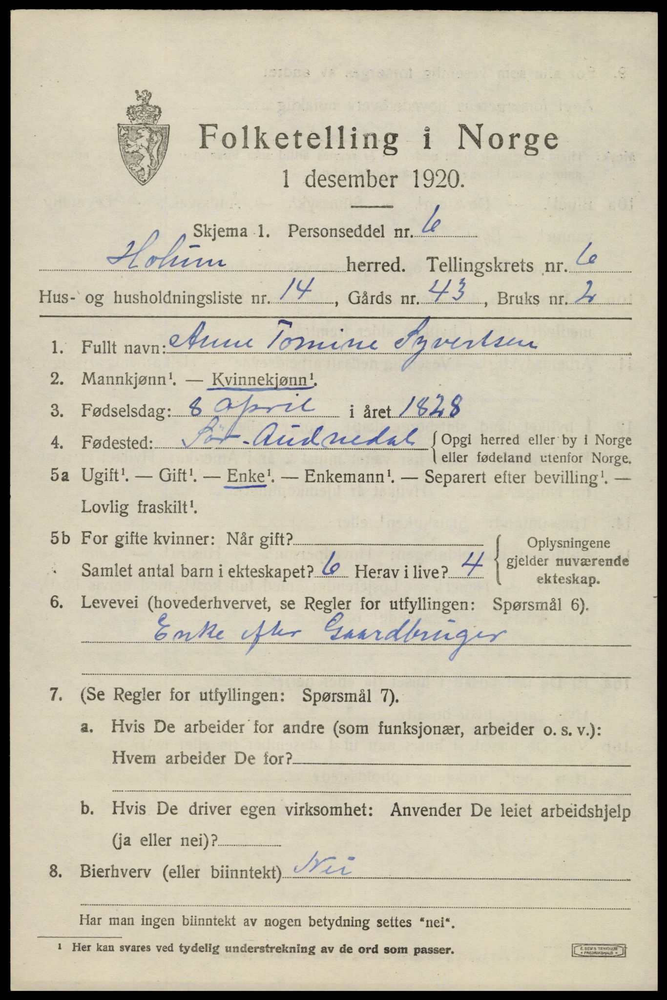 SAK, 1920 census for Holum, 1920, p. 2395