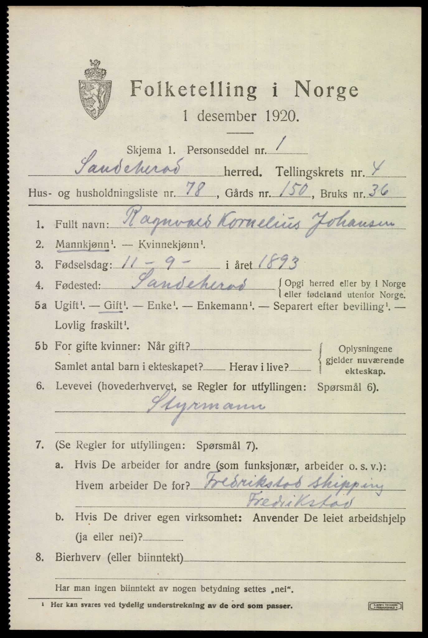 SAKO, 1920 census for Sandeherred, 1920, p. 7480