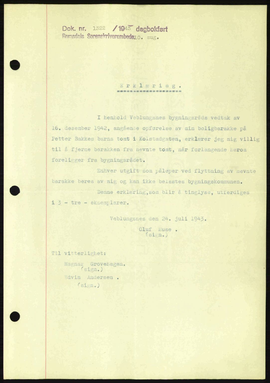 Romsdal sorenskriveri, AV/SAT-A-4149/1/2/2C: Mortgage book no. B2, 1939-1945, Diary no: : 1322/1943