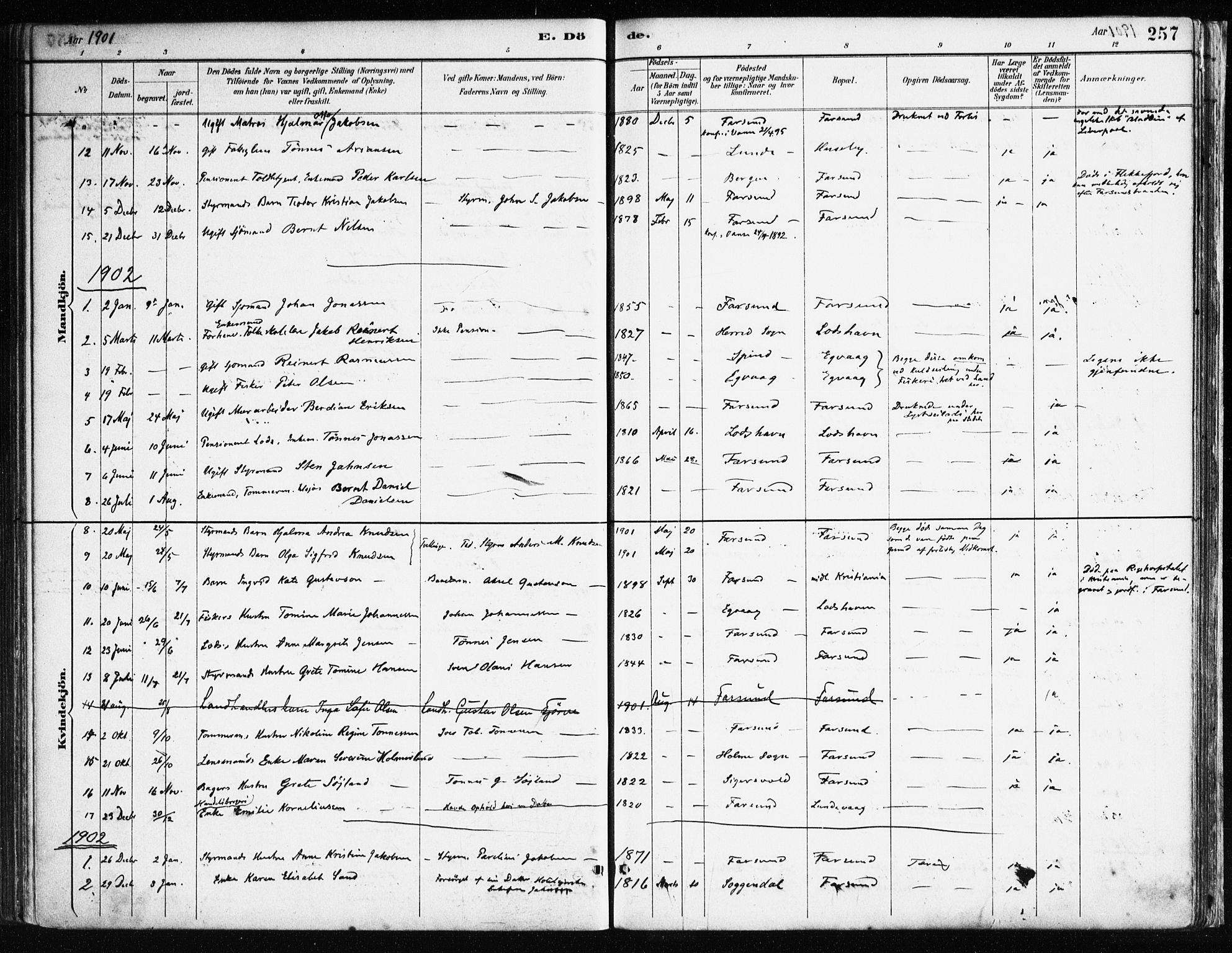 Farsund sokneprestkontor, SAK/1111-0009/F/Fa/L0006: Parish register (official) no. A 6, 1887-1920, p. 257