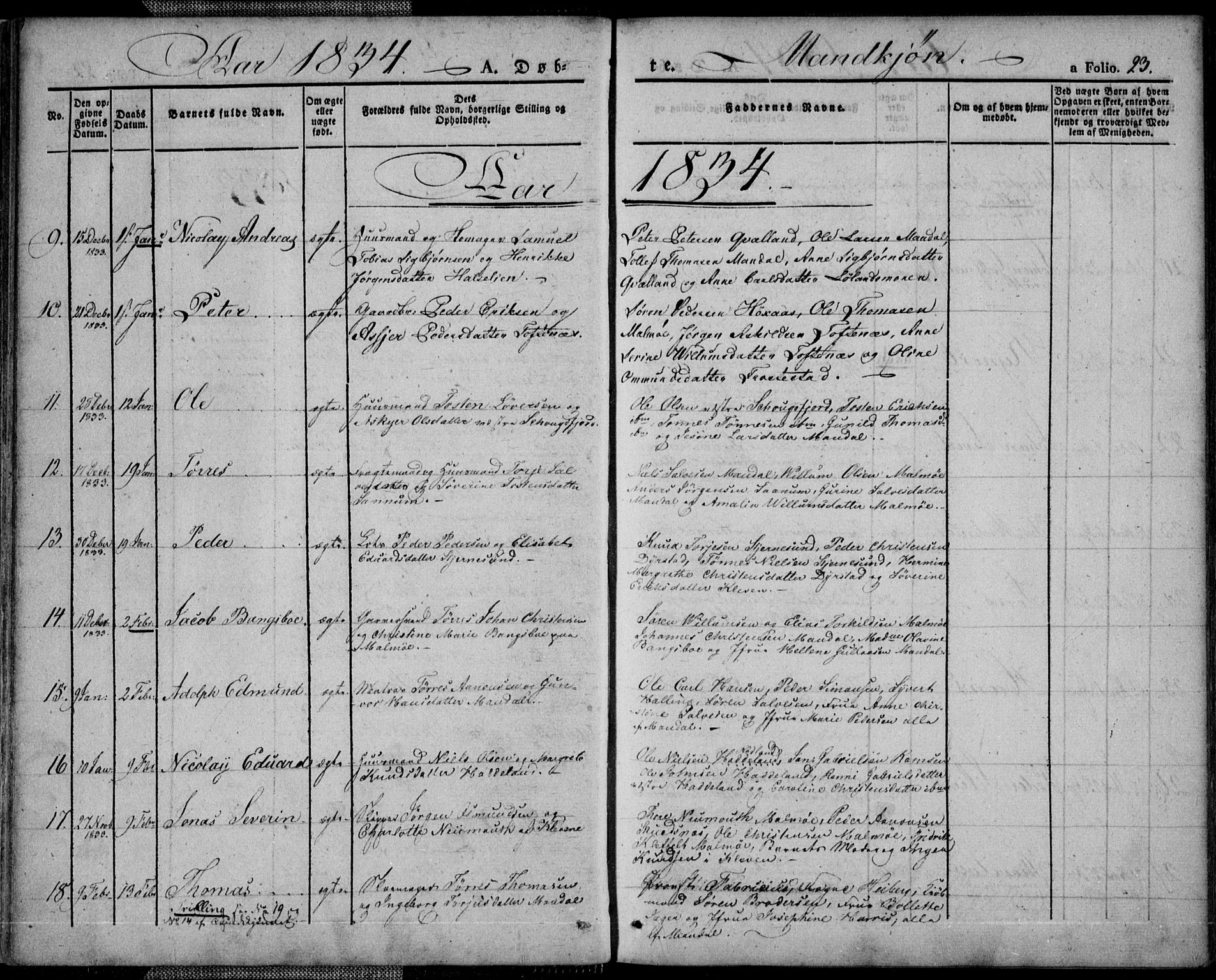 Mandal sokneprestkontor, SAK/1111-0030/F/Fa/Faa/L0011: Parish register (official) no. A 11, 1830-1839, p. 23