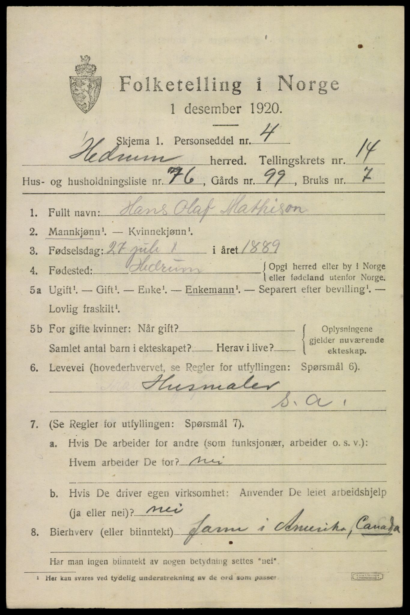 SAKO, 1920 census for Hedrum, 1920, p. 9877