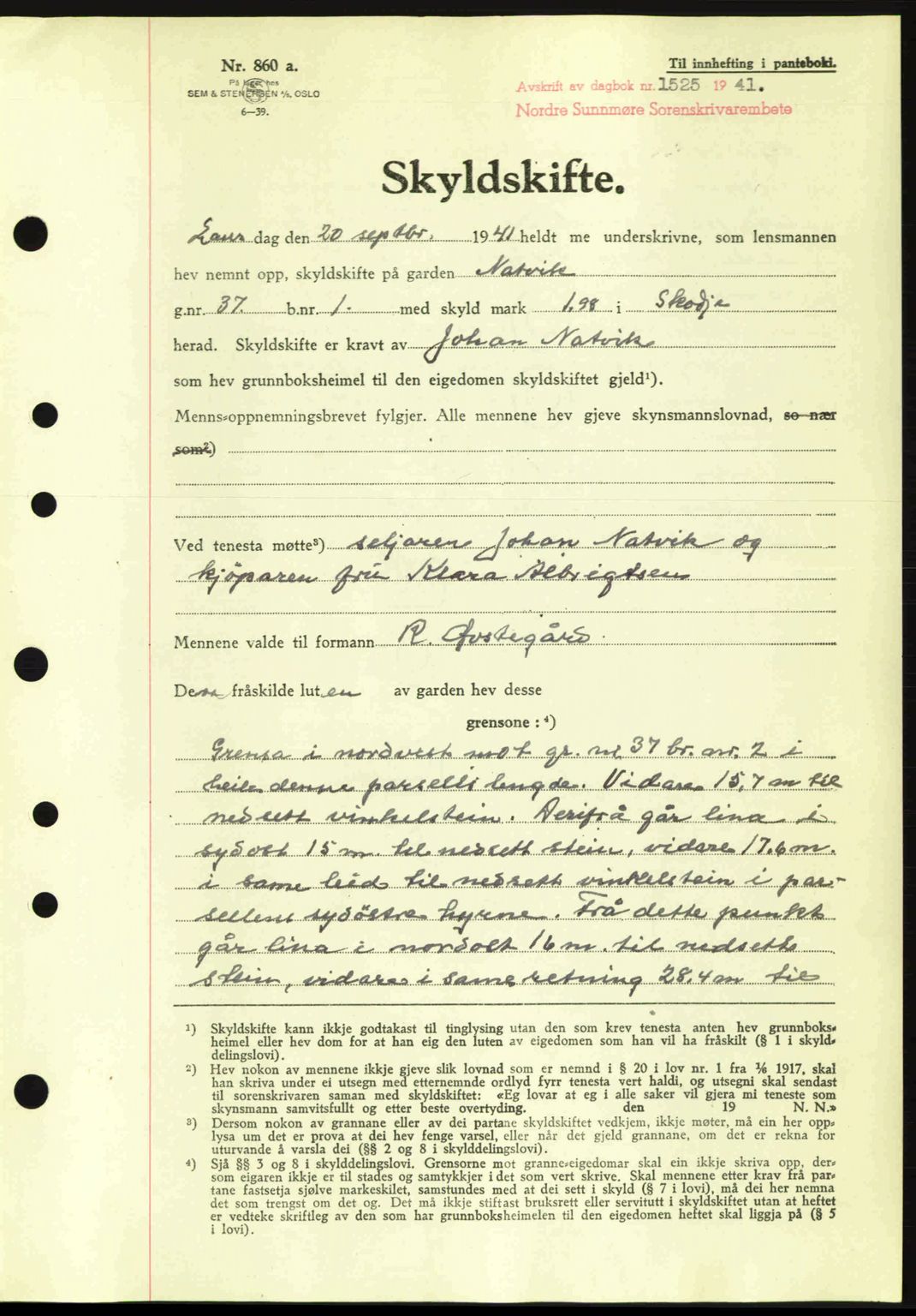 Nordre Sunnmøre sorenskriveri, SAT/A-0006/1/2/2C/2Ca: Mortgage book no. A11, 1941-1941, Diary no: : 1525/1941