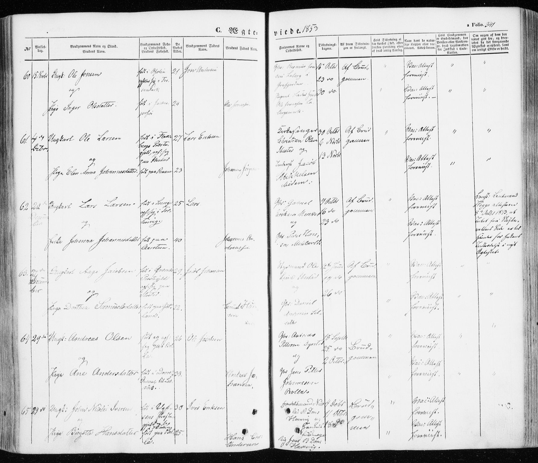 Ibestad sokneprestembete, SATØ/S-0077/H/Ha/Haa/L0008kirke: Parish register (official) no. 8, 1850-1859, p. 341