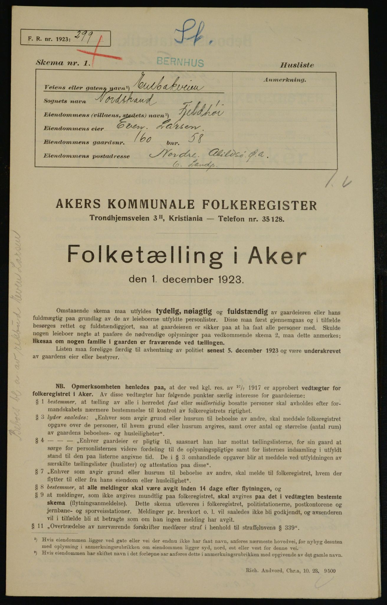 , Municipal Census 1923 for Aker, 1923, p. 38453