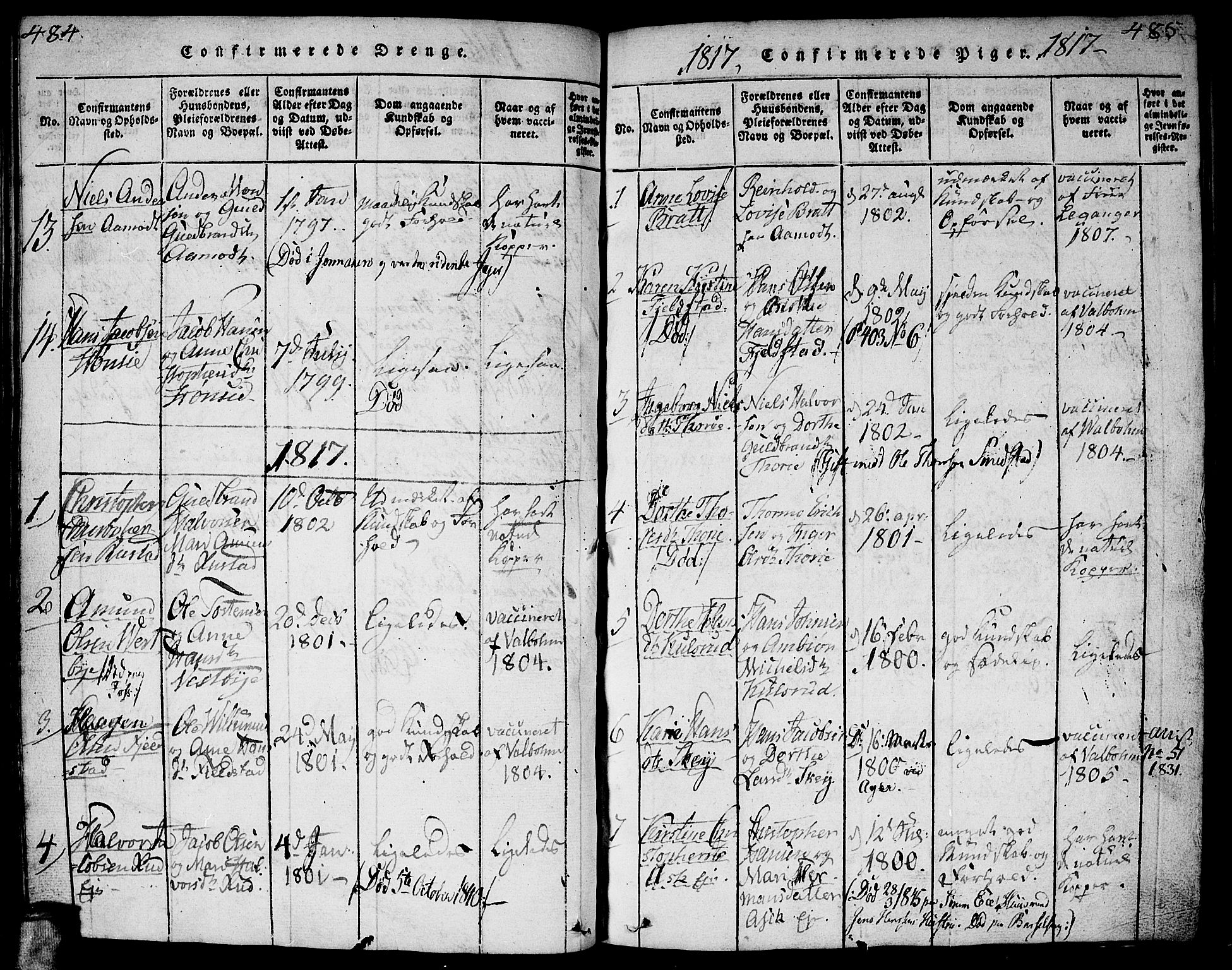 Gjerdrum prestekontor Kirkebøker, AV/SAO-A-10412b/G/Ga/L0001: Parish register (copy) no. I 1, 1816-1837, p. 484-485