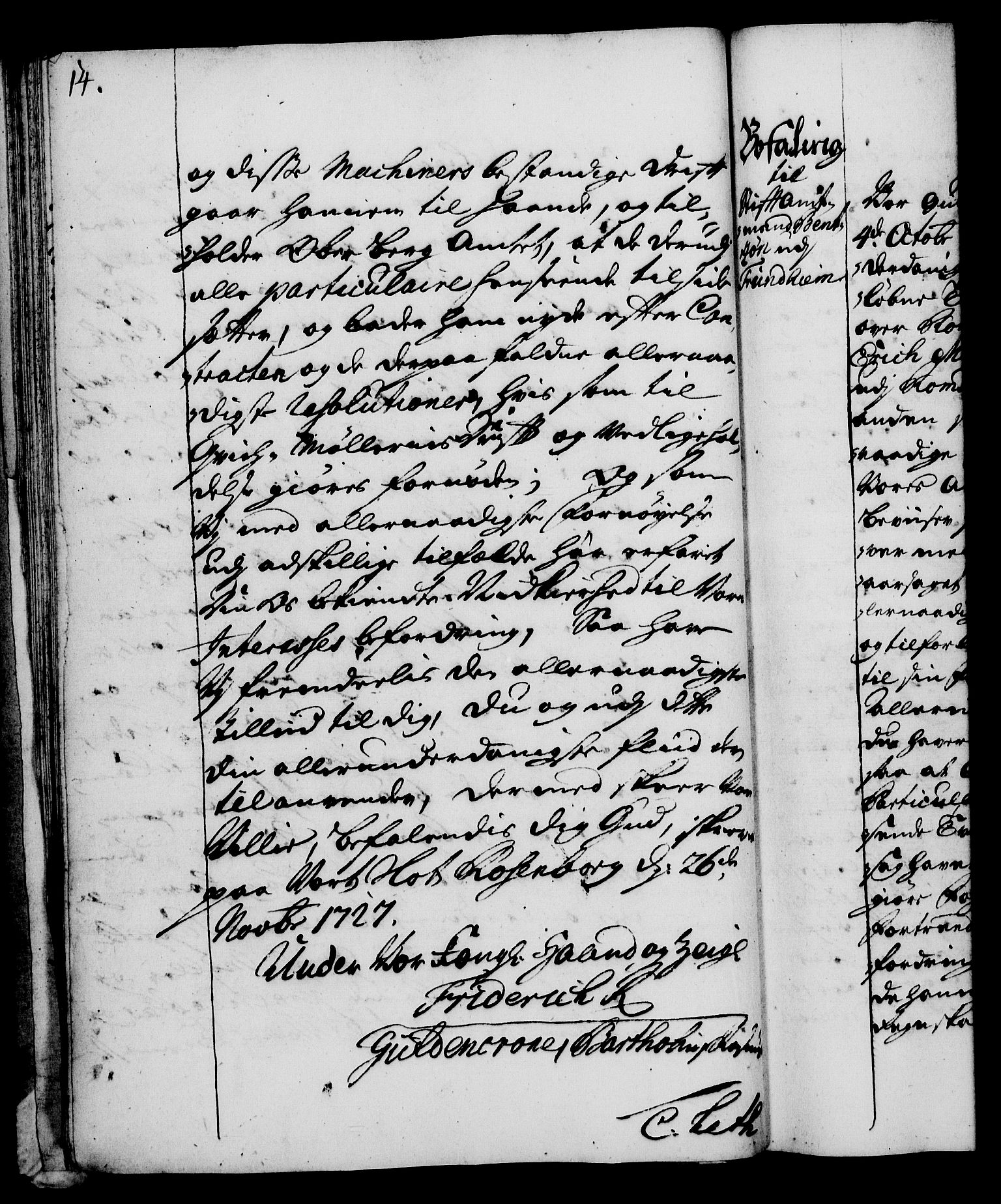 Rentekammeret, Kammerkanselliet, RA/EA-3111/G/Gg/Gga/L0003: Norsk ekspedisjonsprotokoll med register (merket RK 53.3), 1727-1734, p. 14
