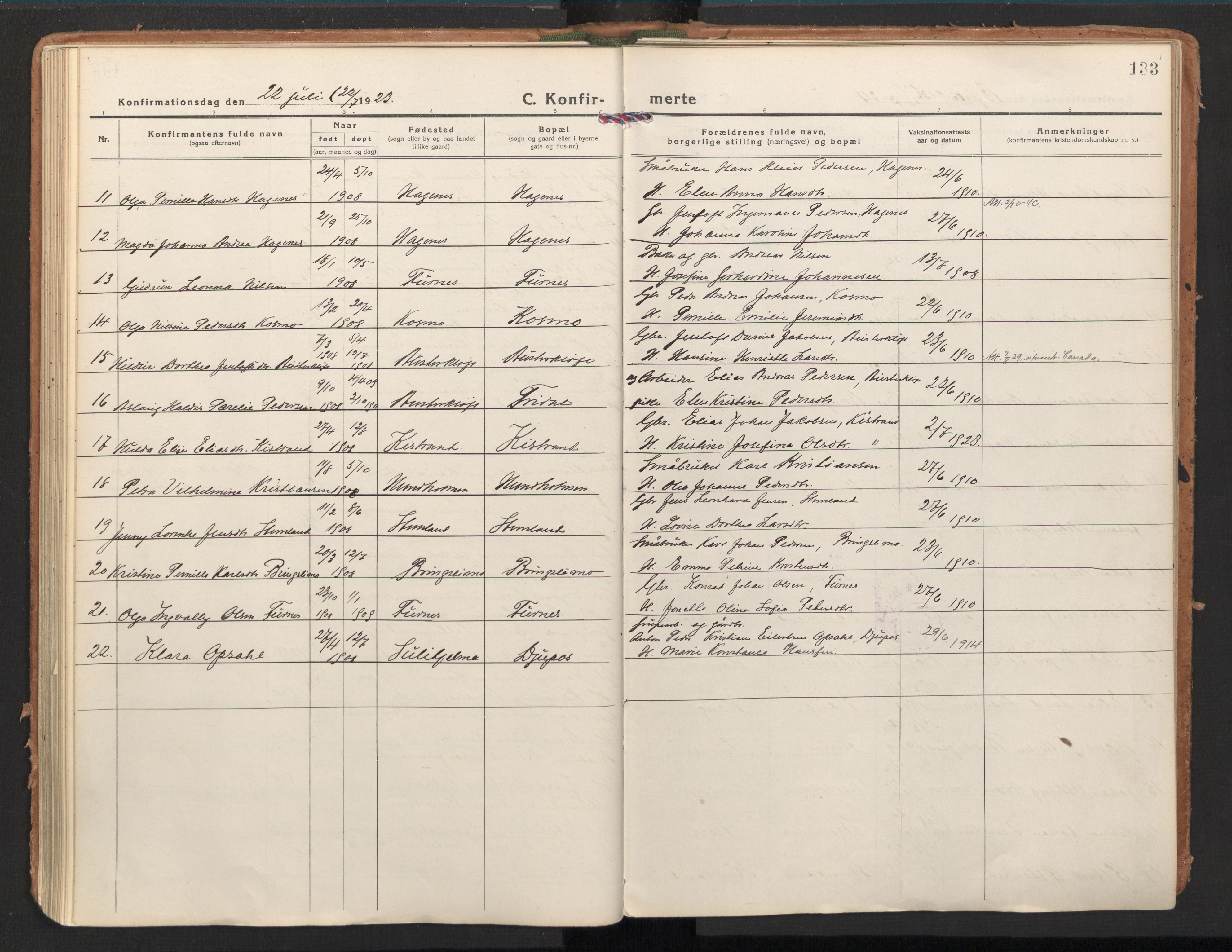 Ministerialprotokoller, klokkerbøker og fødselsregistre - Nordland, AV/SAT-A-1459/851/L0725: Parish register (official) no. 851A02, 1922-1944, p. 133