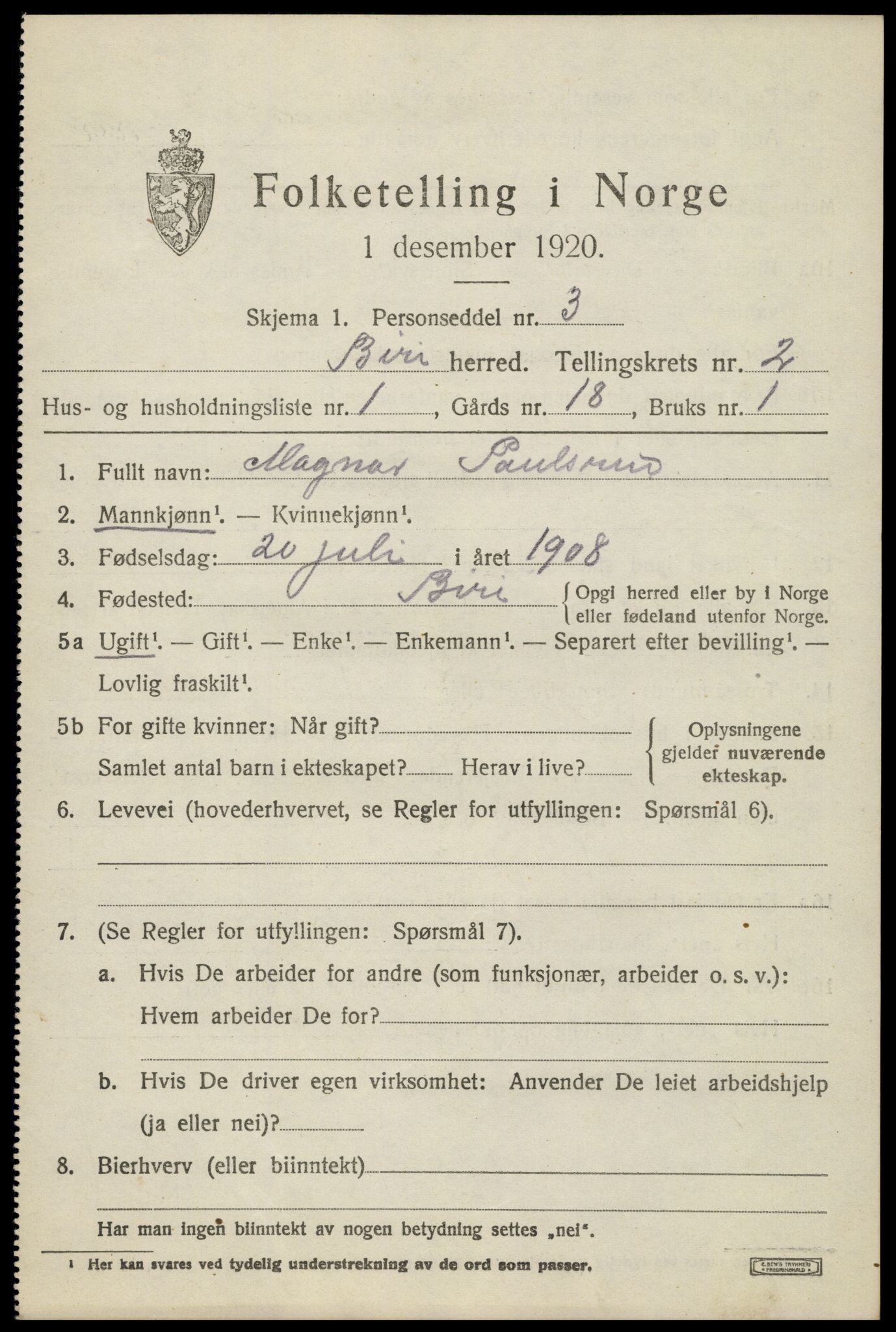 SAH, 1920 census for Biri, 1920, p. 2029