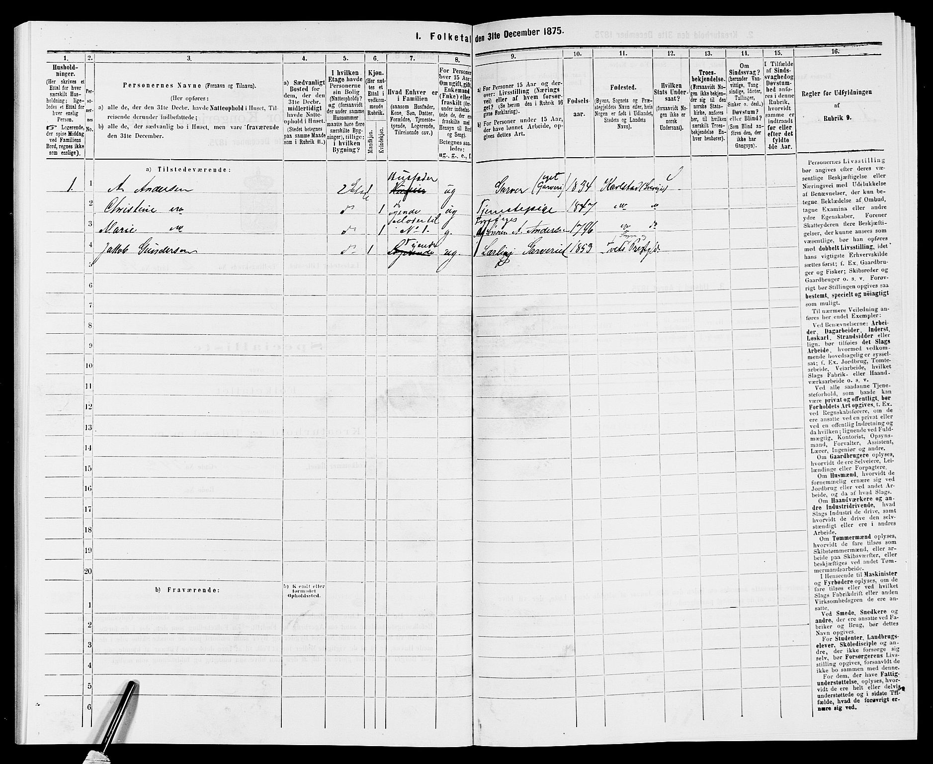 SAK, 1875 census for 0905B Vestre Moland/Lillesand, 1875, p. 193