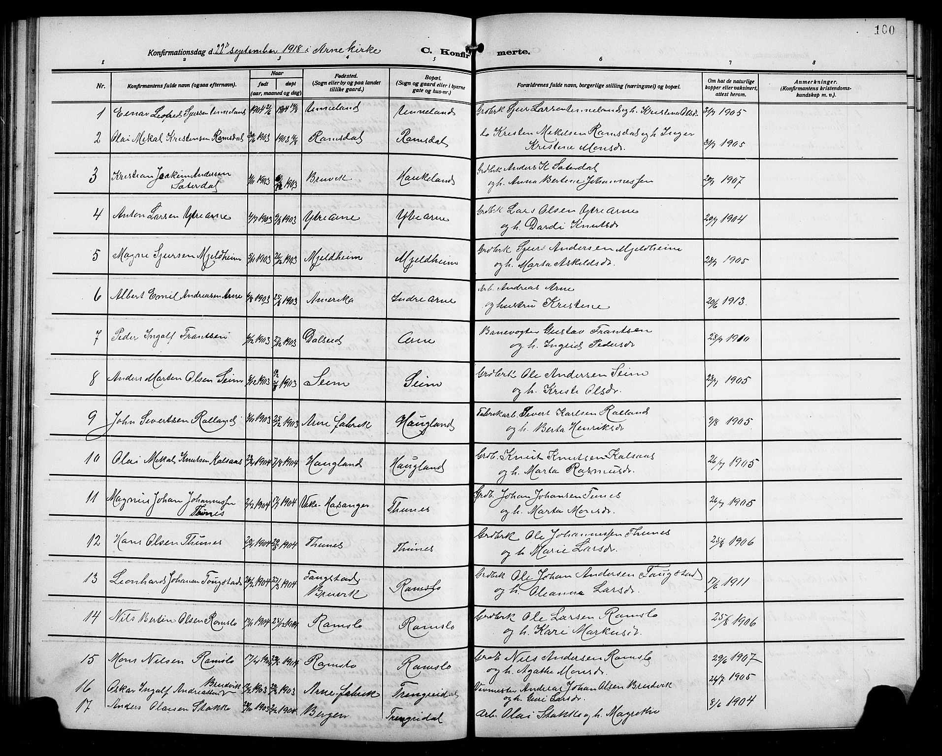 Arna Sokneprestembete, SAB/A-74001/H/Ha/Hab: Parish register (copy) no. A 5, 1911-1921, p. 100