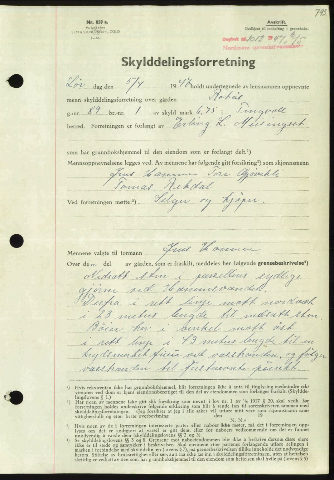 Nordmøre sorenskriveri, AV/SAT-A-4132/1/2/2Ca: Mortgage book no. A104, 1947-1947, Diary no: : 1013/1947