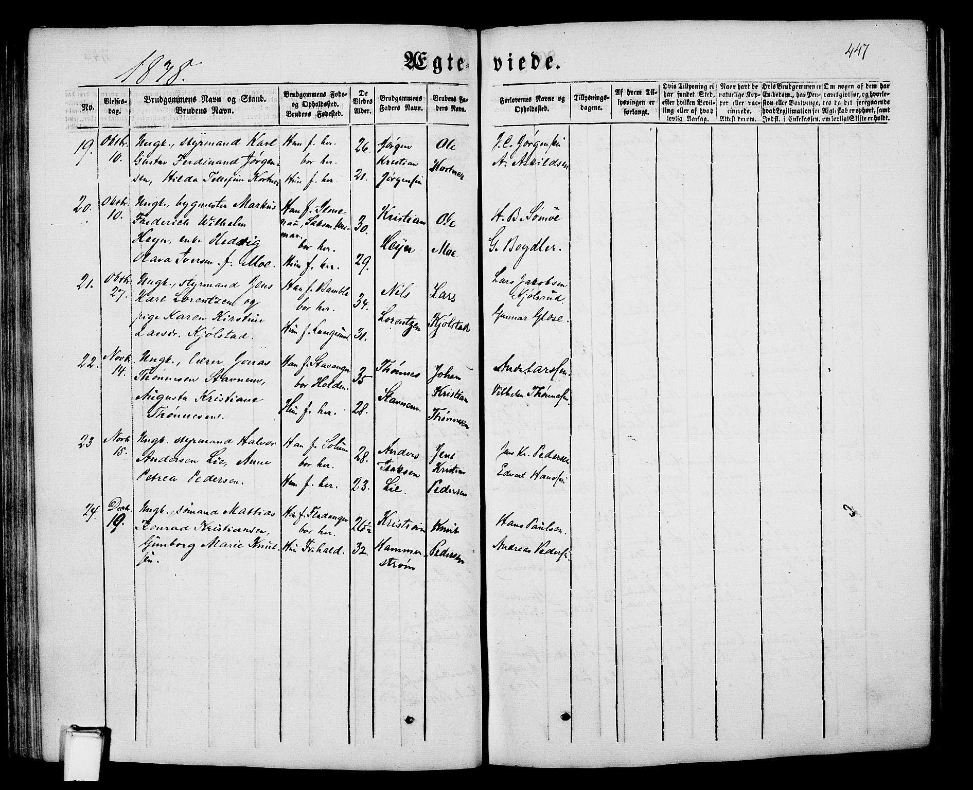 Porsgrunn kirkebøker , SAKO/A-104/G/Gb/L0004: Parish register (copy) no. II 4, 1853-1882, p. 447