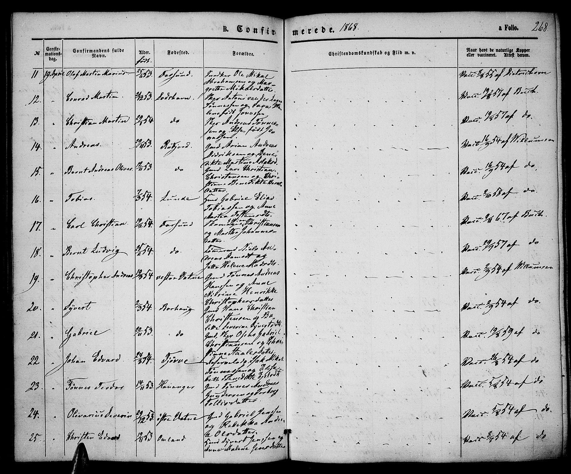 Lista sokneprestkontor, AV/SAK-1111-0027/F/Fb/L0003: Parish register (copy) no. B 3, 1862-1877, p. 268