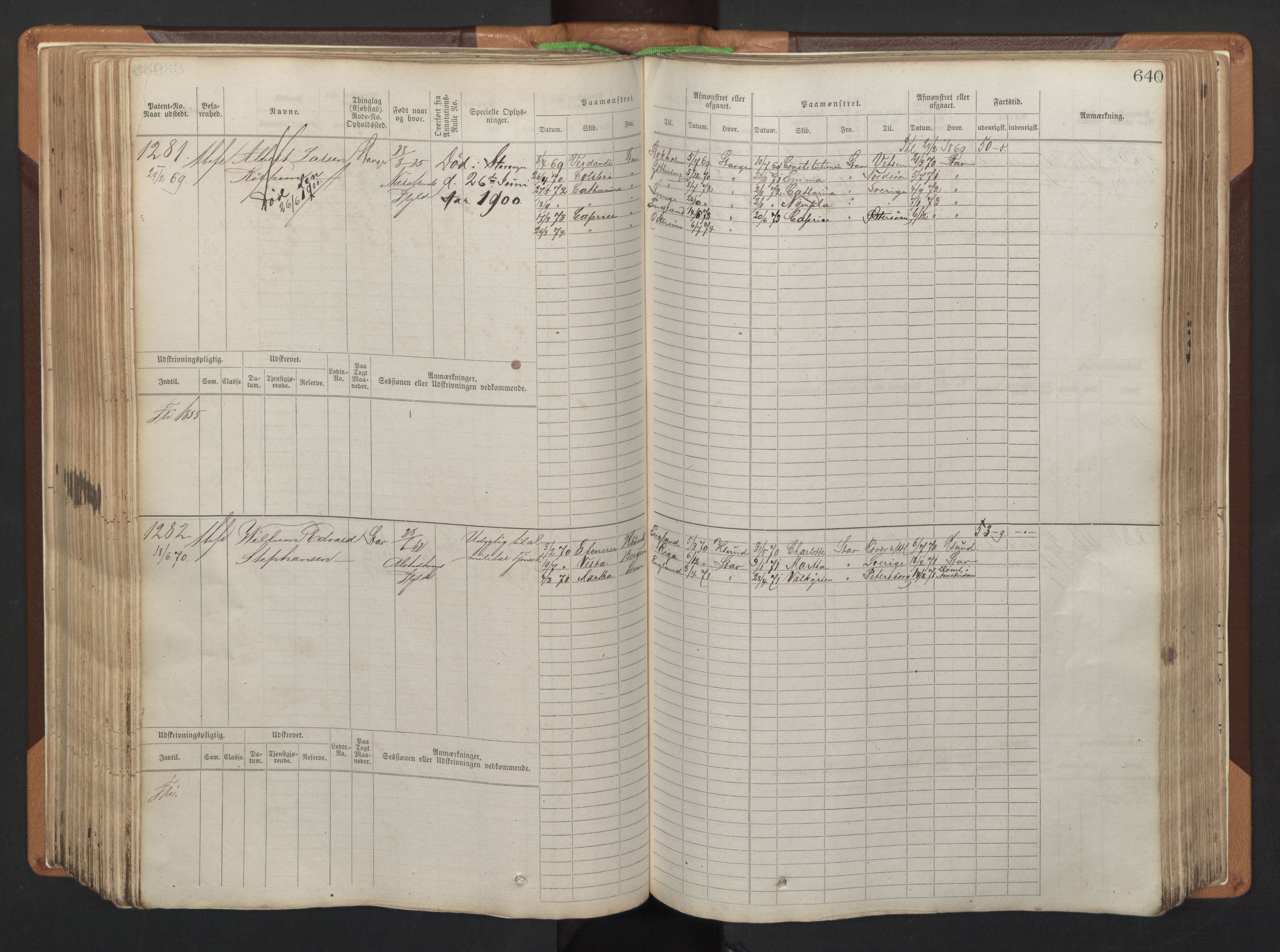 Stavanger sjømannskontor, AV/SAST-A-102006/F/Fb/Fbb/L0005: Sjøfartshovedrulle, patentnr. 793-1606 (del 2), 1869-1880, p. 250