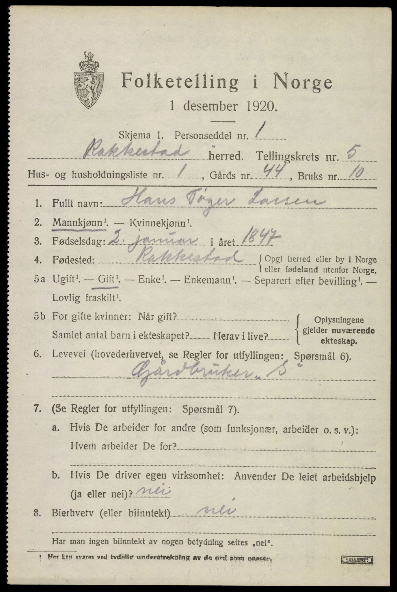 SAO, 1920 census for Rakkestad, 1920, p. 6009
