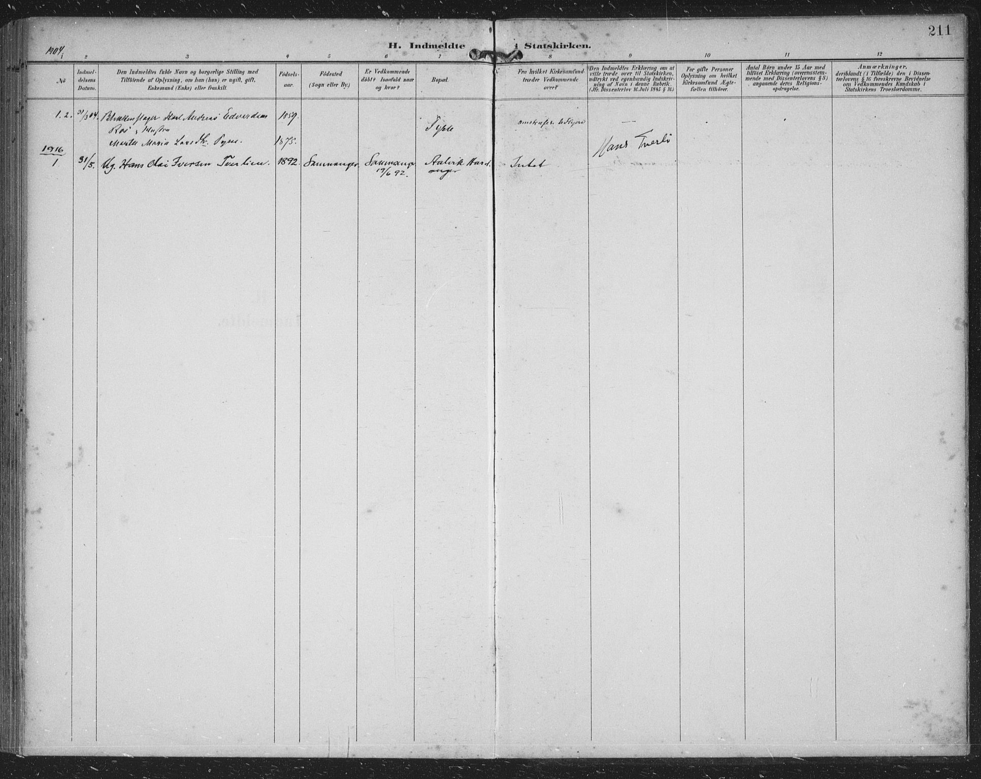 Samnanger Sokneprestembete, SAB/A-77501/H/Haa: Parish register (official) no. A 2, 1902-1918, p. 211