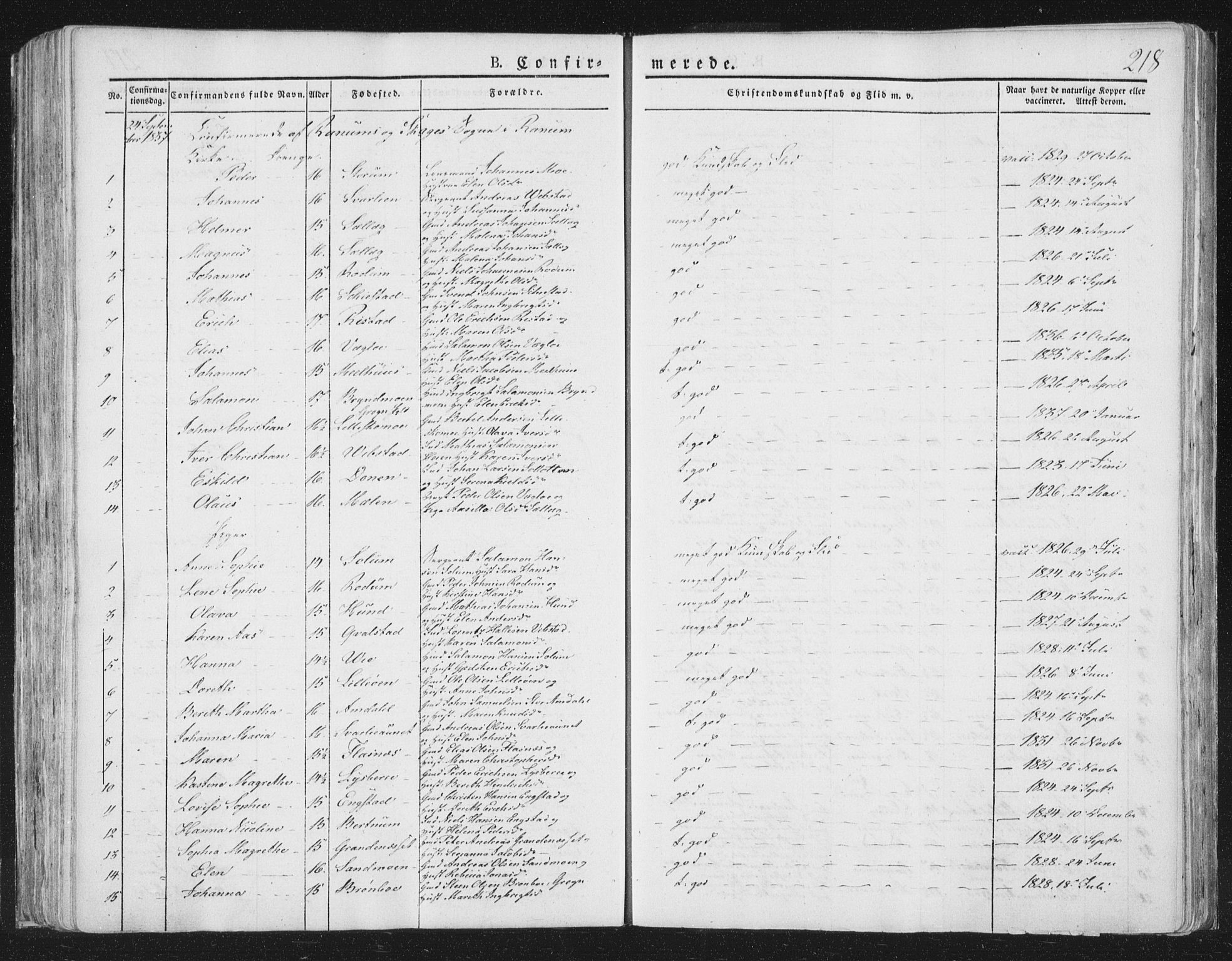 Ministerialprotokoller, klokkerbøker og fødselsregistre - Nord-Trøndelag, SAT/A-1458/764/L0551: Parish register (official) no. 764A07a, 1824-1864, p. 218