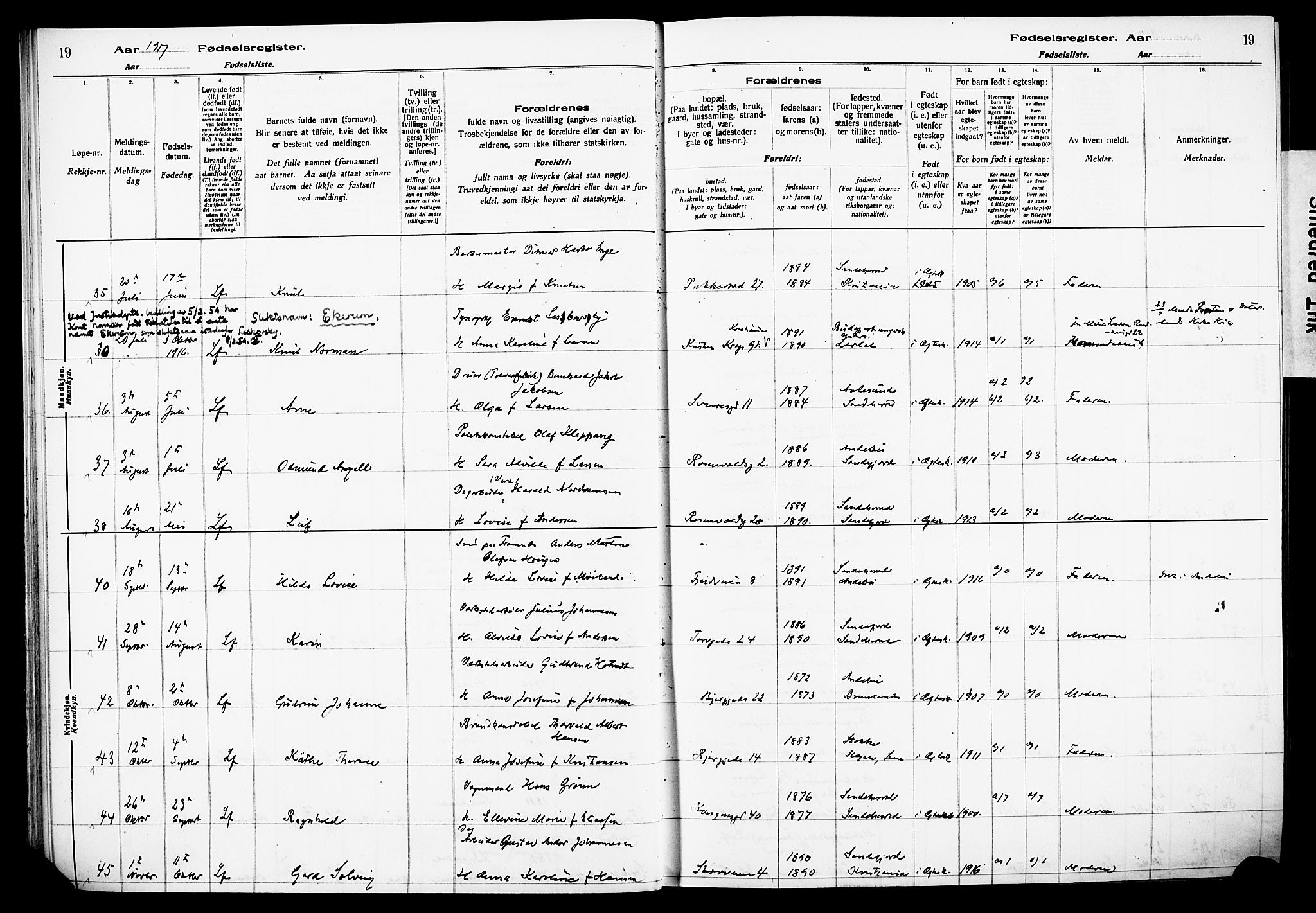 Sandefjord kirkebøker, AV/SAKO-A-315/J/Ja/L0001: Birth register no. 1, 1916-1932, p. 19