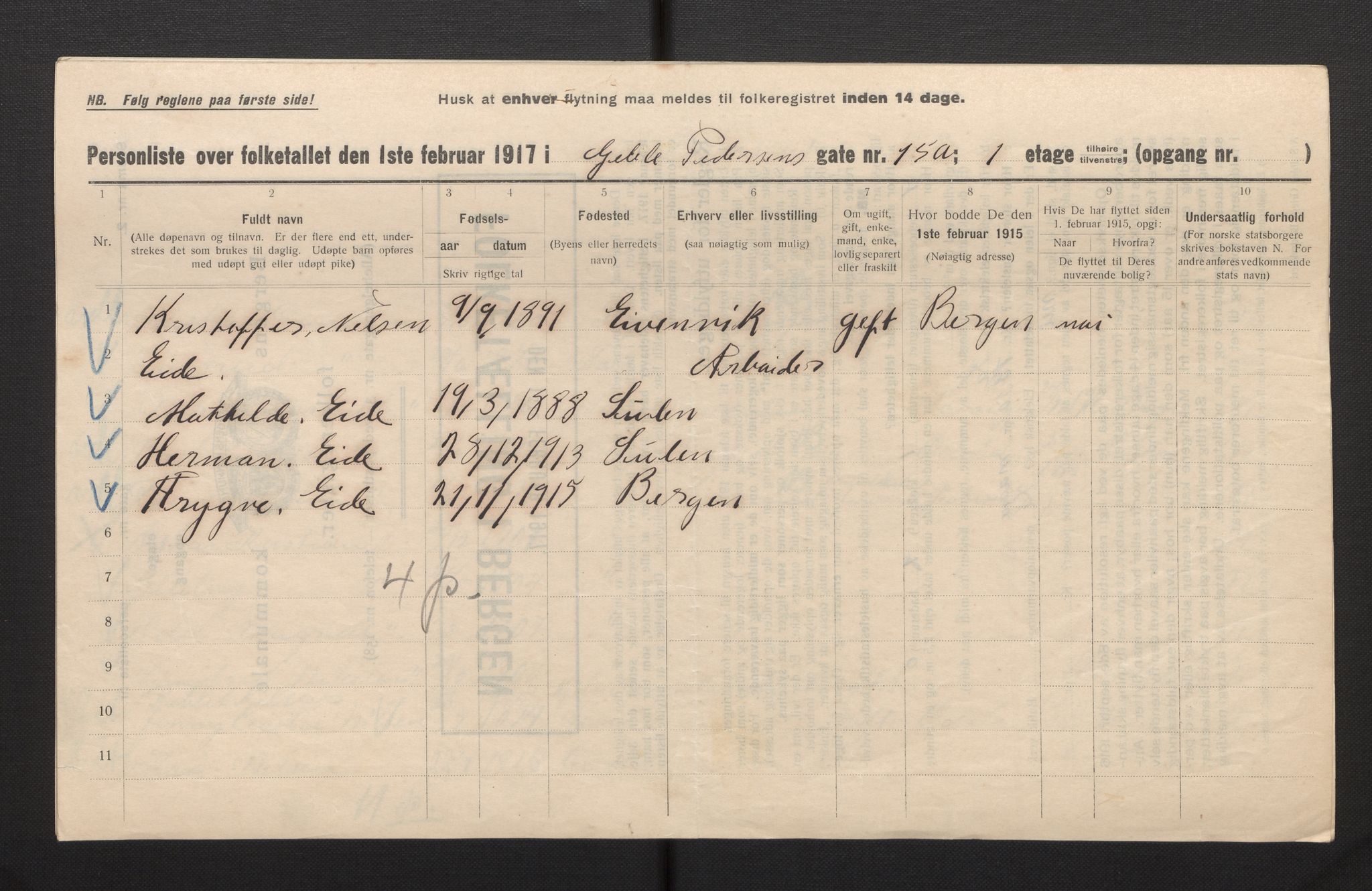 SAB, Municipal Census 1917 for Bergen, 1917, p. 10085