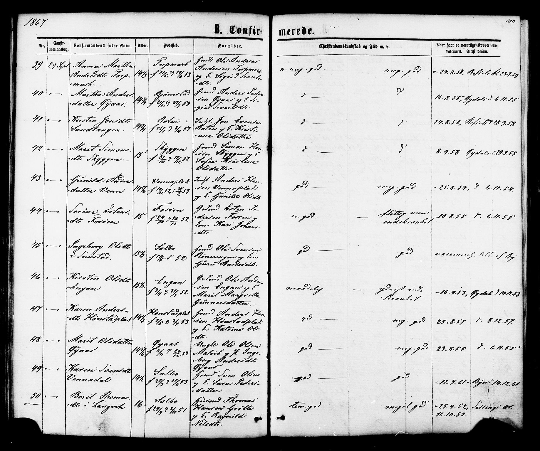 Ministerialprotokoller, klokkerbøker og fødselsregistre - Sør-Trøndelag, AV/SAT-A-1456/616/L0409: Parish register (official) no. 616A06, 1865-1877, p. 100