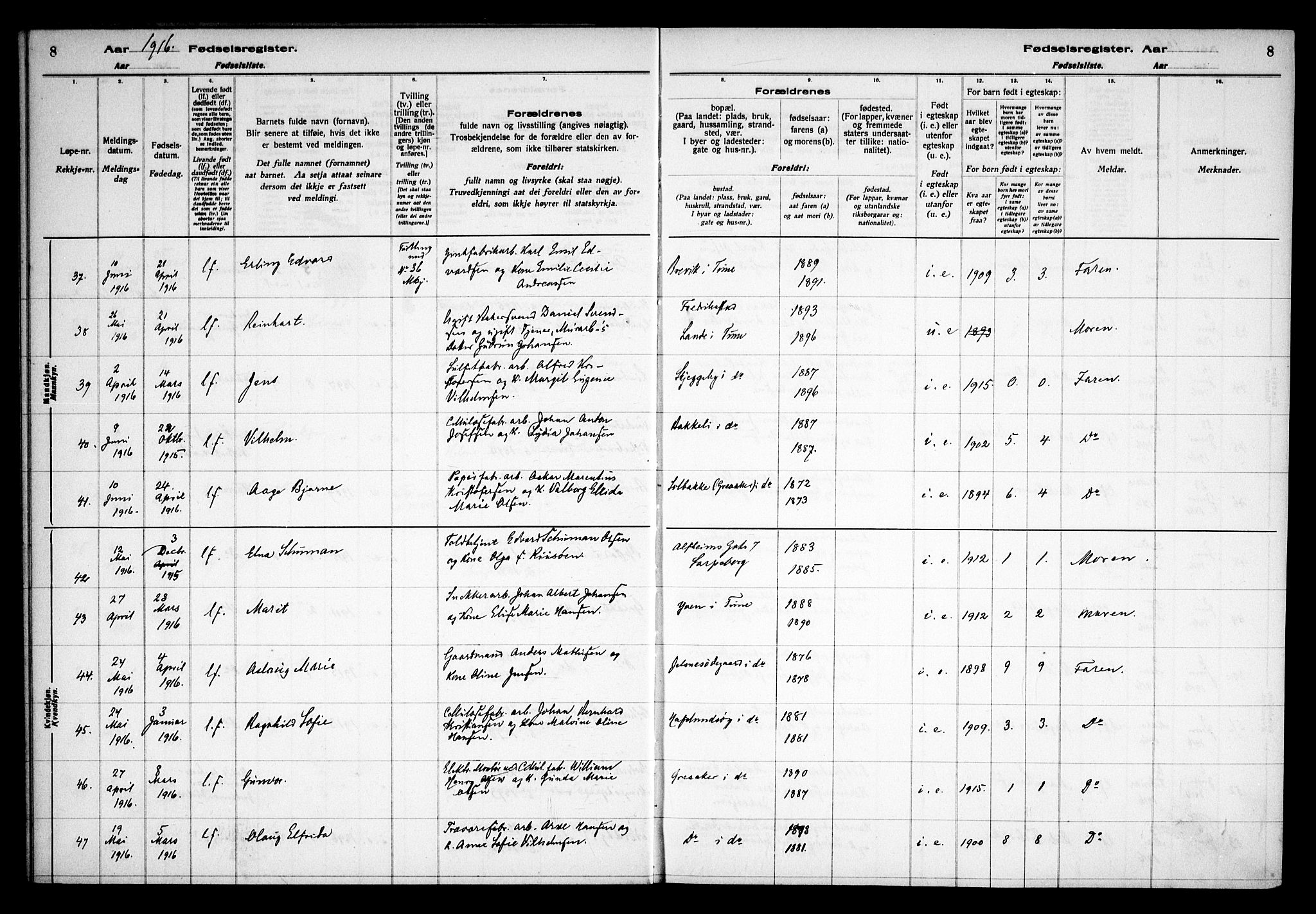 Tune prestekontor Kirkebøker, AV/SAO-A-2007/J/Ja/L0001: Birth register no. I 1, 1916-1928, p. 8