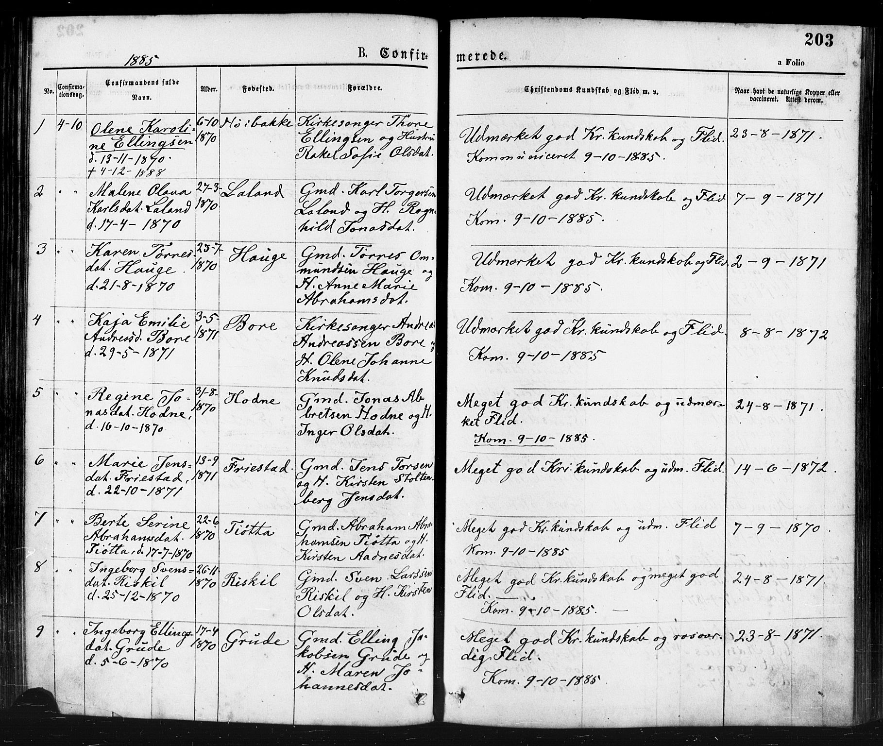 Klepp sokneprestkontor, AV/SAST-A-101803/001/3/30BA/L0006: Parish register (official) no. A 6, 1871-1885, p. 203