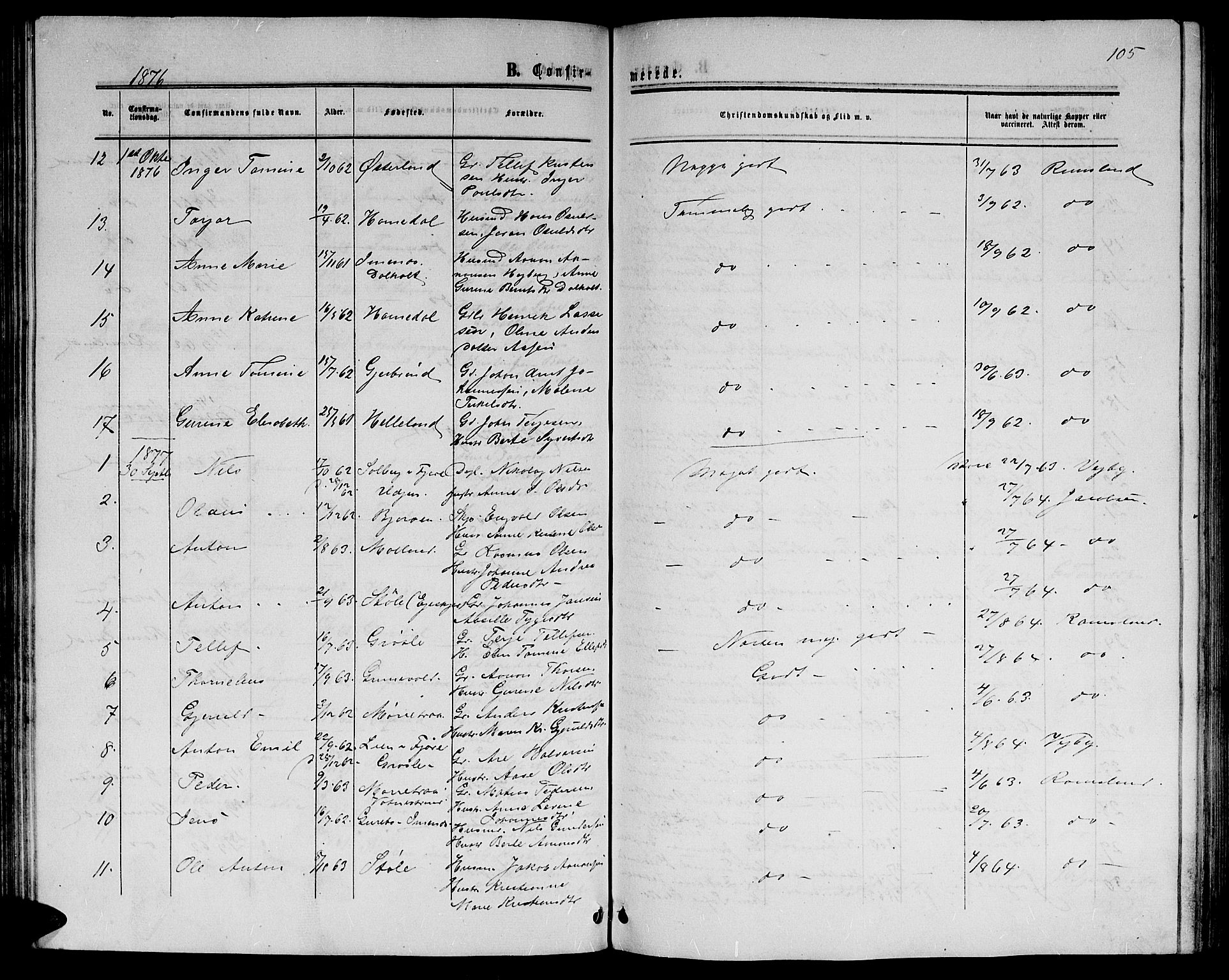 Hommedal sokneprestkontor, SAK/1111-0023/F/Fb/Fbb/L0006: Parish register (copy) no. B 6, 1869-1884, p. 105