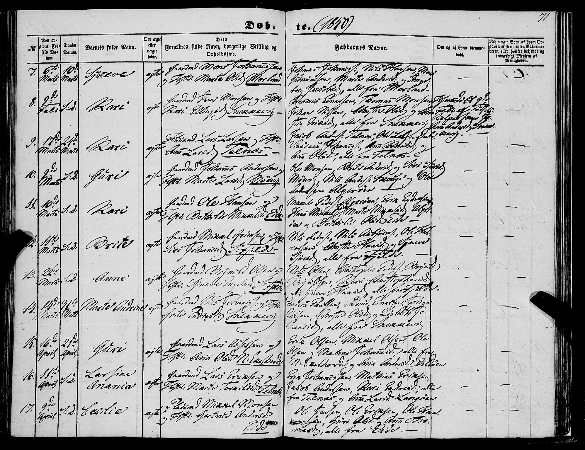 Fjell sokneprestembete, AV/SAB-A-75301/H/Haa: Parish register (official) no. A 2, 1847-1864, p. 71