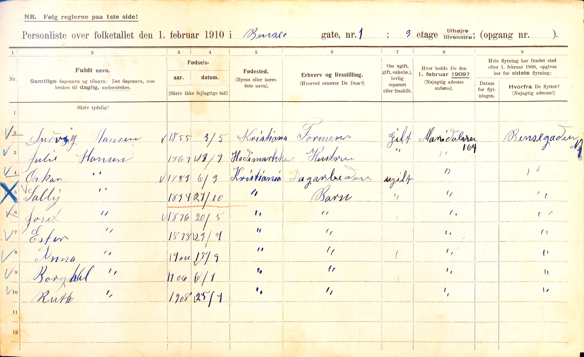 OBA, Municipal Census 1910 for Kristiania, 1910, p. 3353