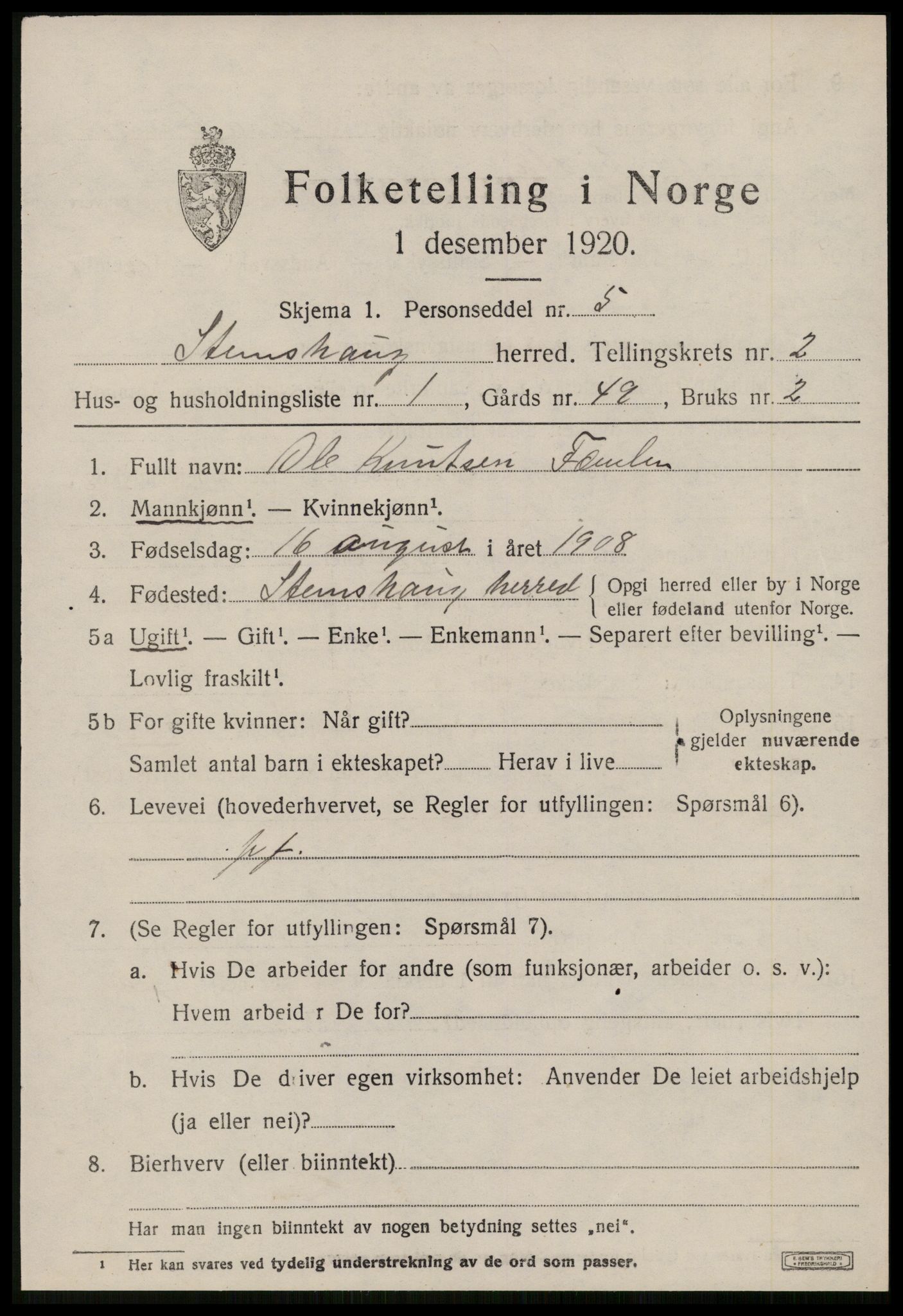 SAT, 1920 census for Stemshaug, 1920, p. 664