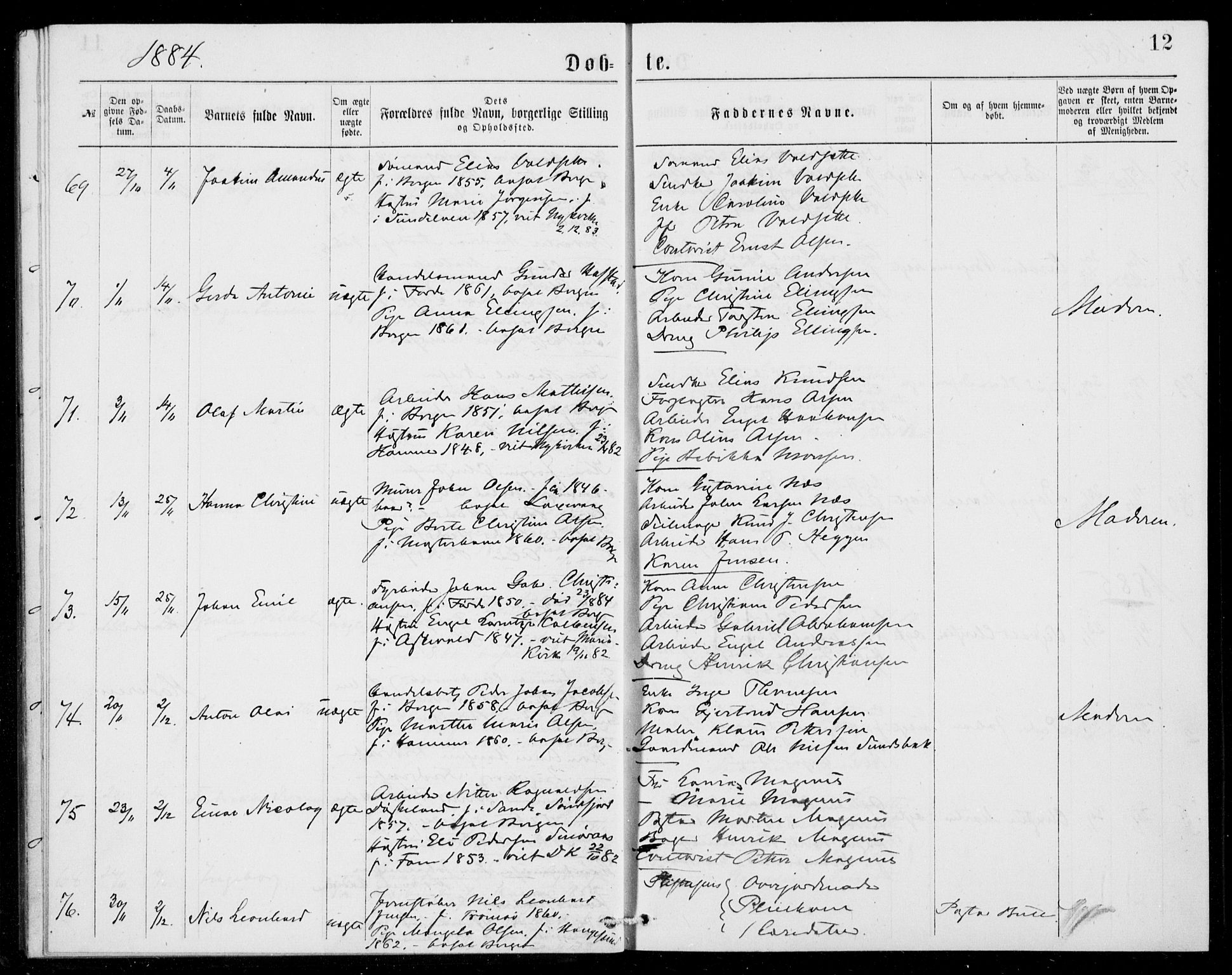 Fødselsstiftelsens sokneprestembete, ført av overlegen*, SAB/-: Parish register (official) no. A 2, 1884-1900, p. 12