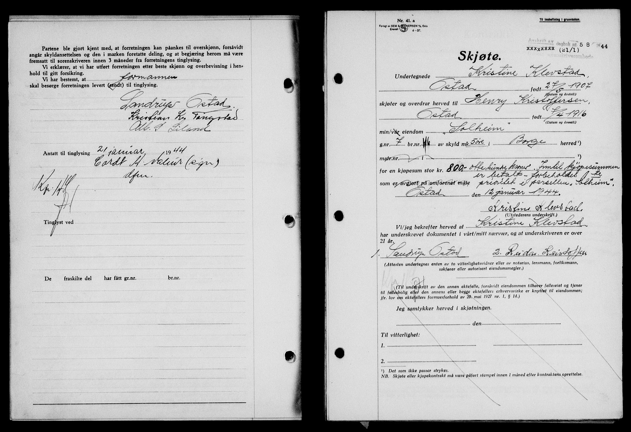 Lofoten sorenskriveri, SAT/A-0017/1/2/2C/L0012a: Mortgage book no. 12a, 1943-1944, Diary no: : 58/1944