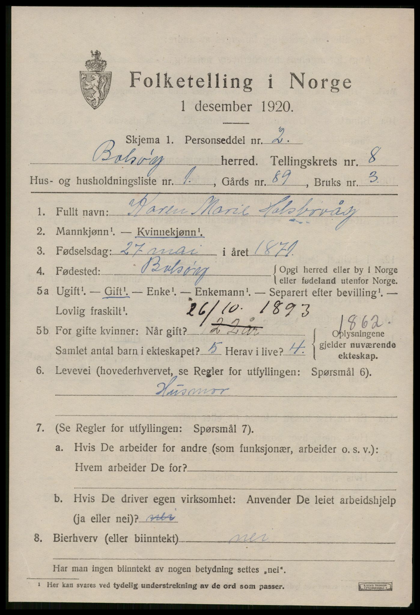 SAT, 1920 census for Bolsøy, 1920, p. 9611