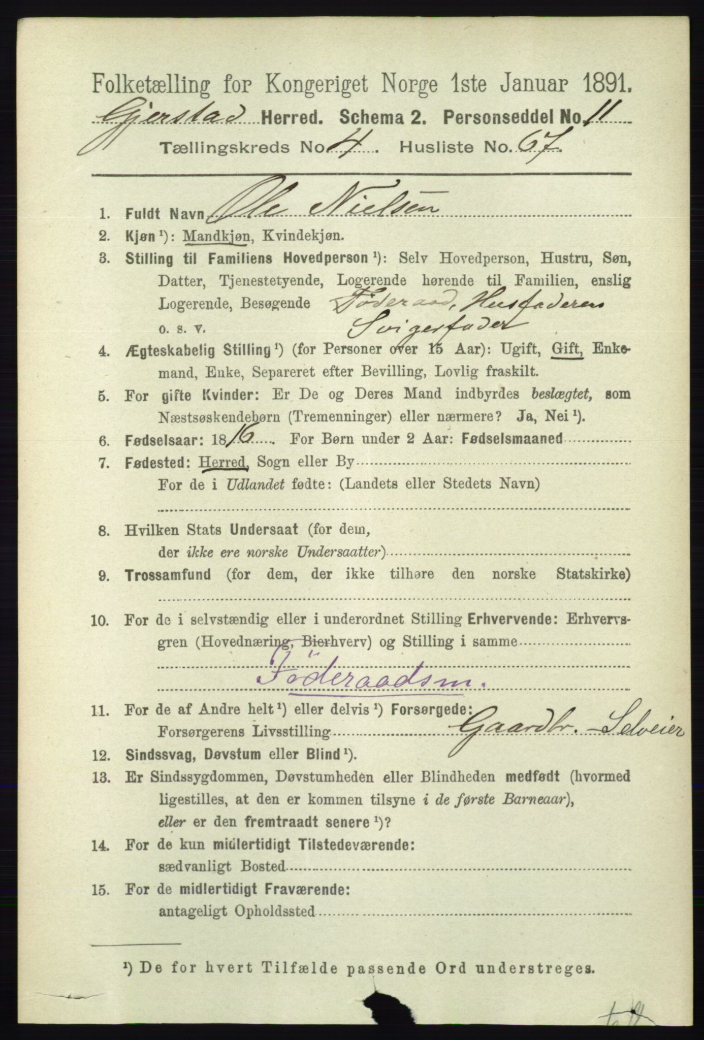 RA, 1891 census for 0911 Gjerstad, 1891, p. 1932