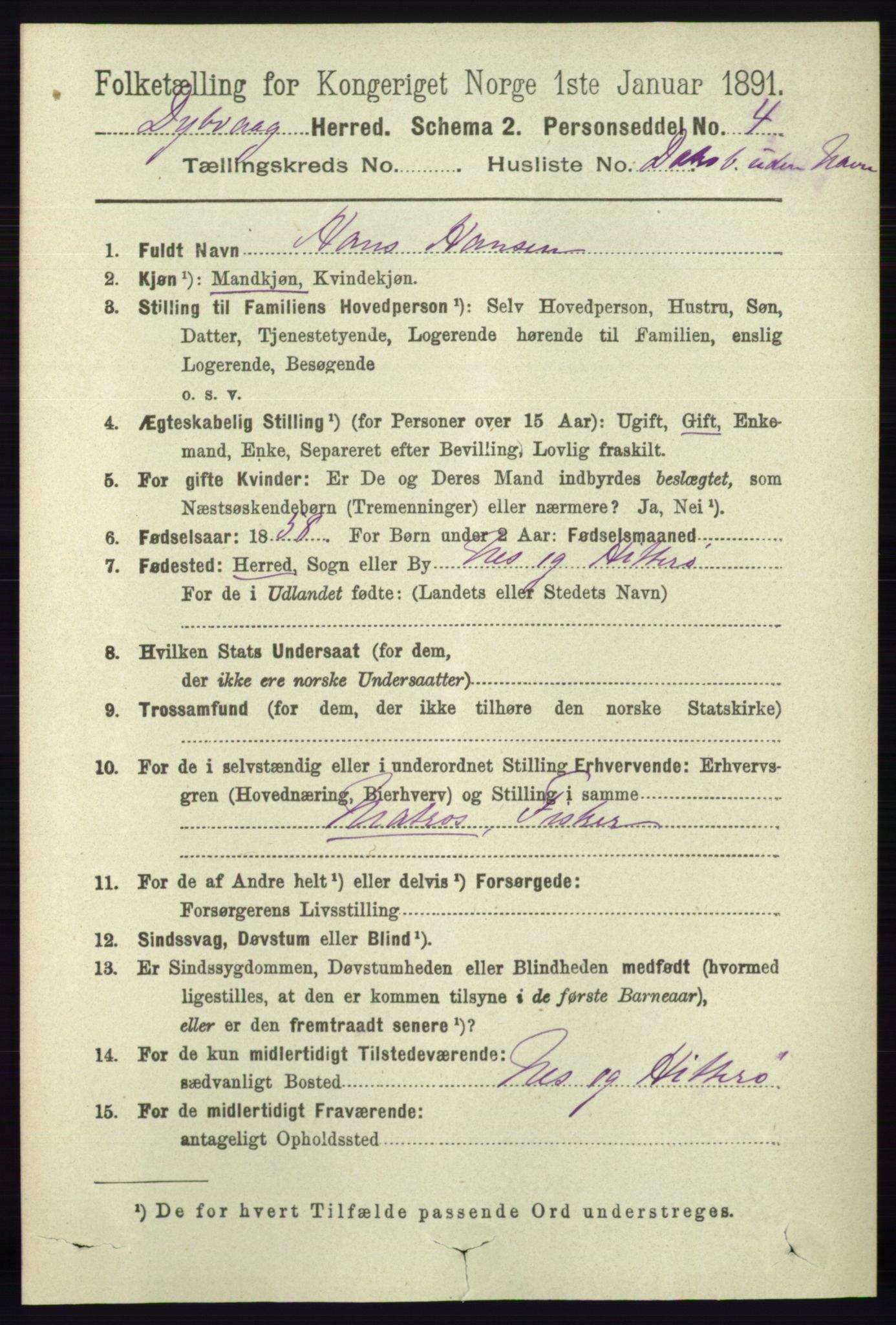 RA, 1891 census for 0915 Dypvåg, 1891, p. 6988