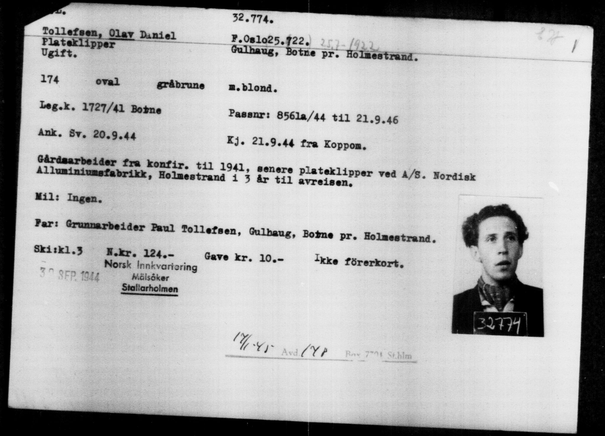 Utenriksstasjonene, Legasjonen i Stockholm, Flyktningkontoret, AV/RA-S-6753/V/Va/L0013: Kjesäterkartoteket, flyktninger med registreringsnr. 31500-34731, 1940-1945, p. 1336