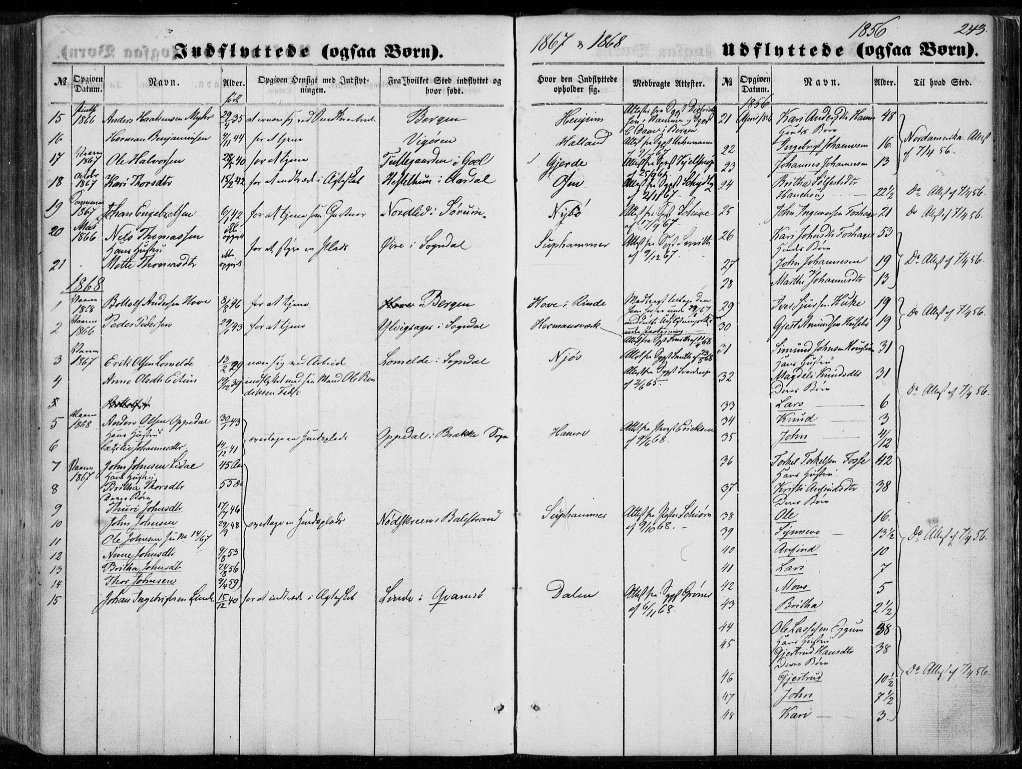 Leikanger sokneprestembete, AV/SAB-A-81001/H/Haa/Haaa/L0008: Parish register (official) no. A 8, 1852-1868, p. 243