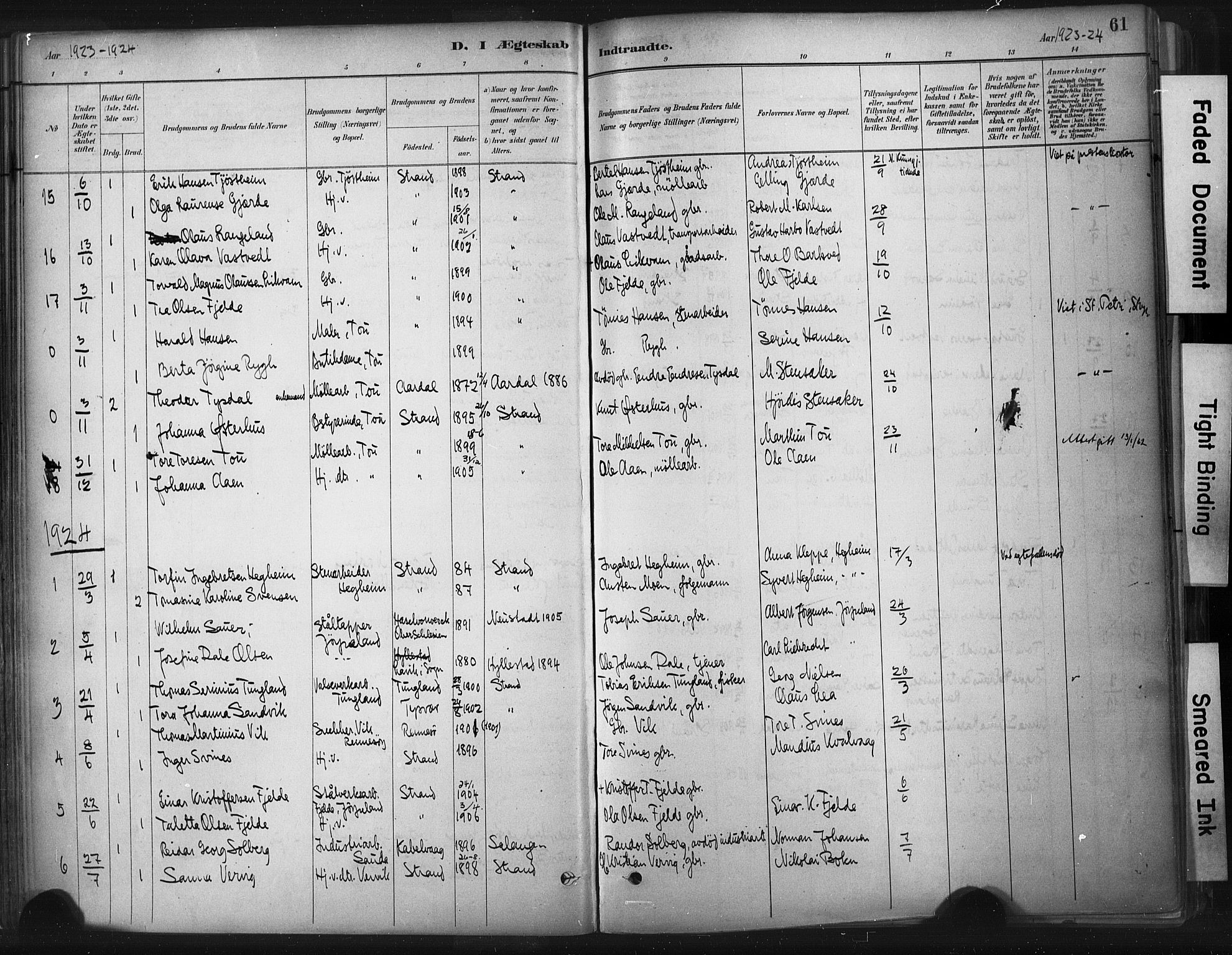Strand sokneprestkontor, SAST/A-101828/H/Ha/Haa/L0010: Parish register (official) no. A 10, 1882-1929, p. 61