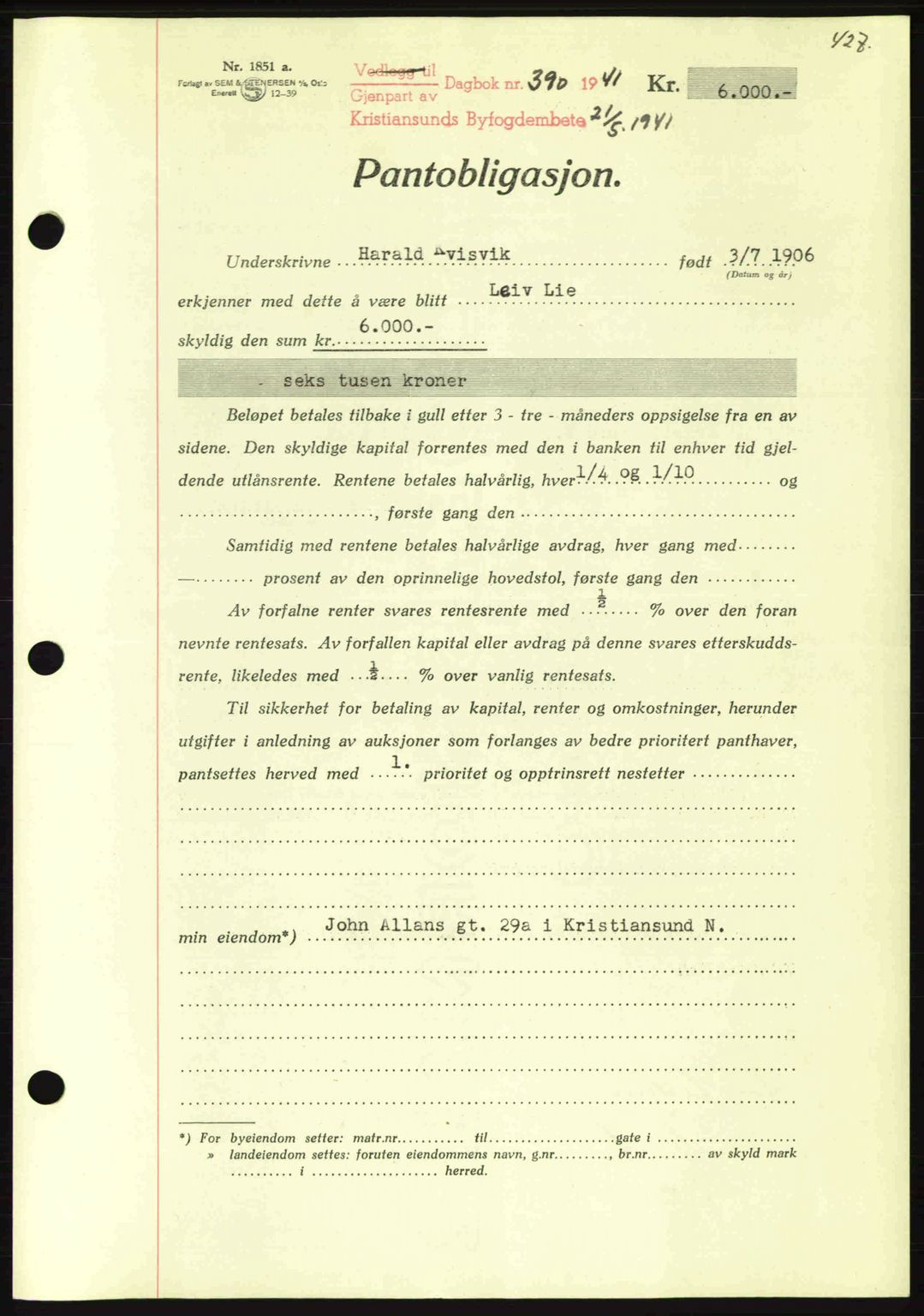 Kristiansund byfogd, AV/SAT-A-4587/A/27: Mortgage book no. 33, 1939-1941, Diary no: : 390/1941