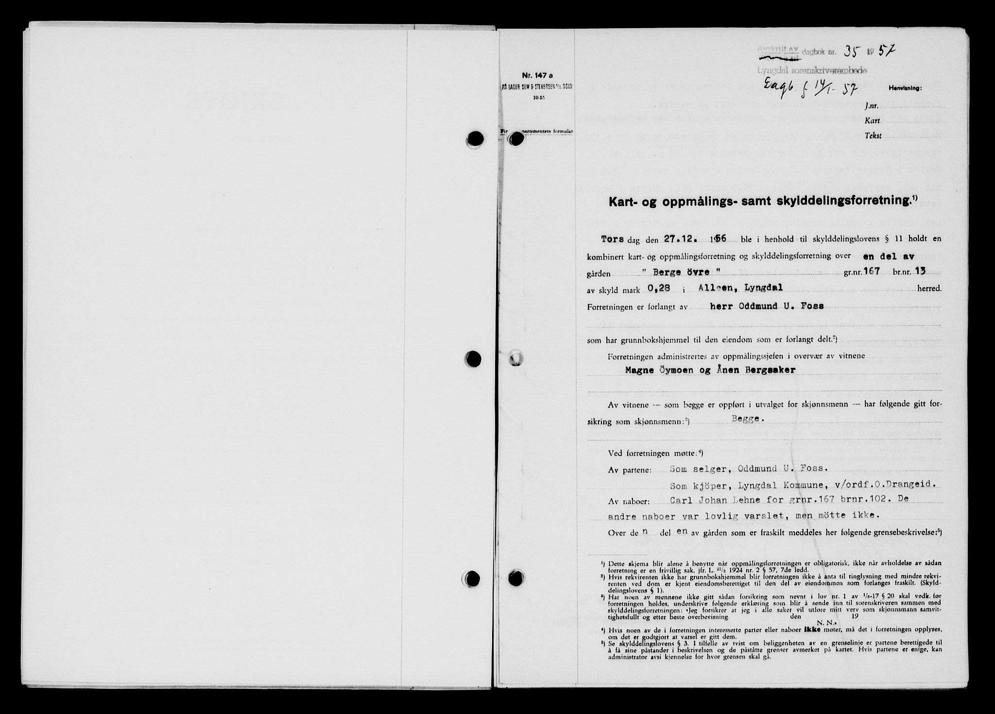 Lyngdal sorenskriveri, AV/SAK-1221-0004/G/Gb/L0676: Mortgage book no. A XXII, 1957-1957, Diary no: : 35/1957