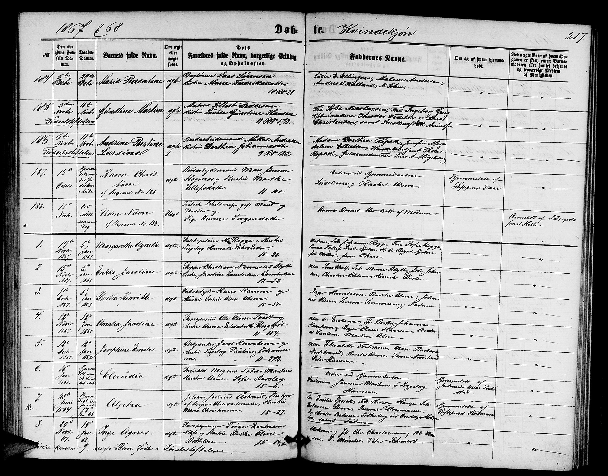 Domkirken sokneprestembete, SAB/A-74801/H/Hab/L0012: Parish register (copy) no. B 5, 1862-1869, p. 217